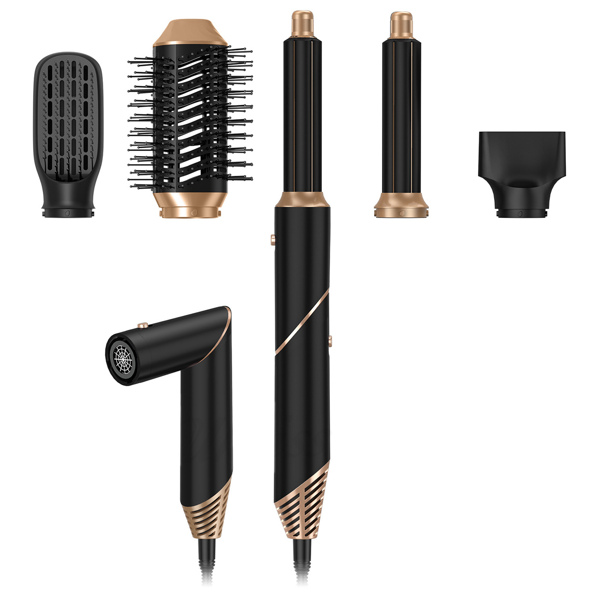 Ein schwarz-goldenes Haarstyling-Set wird auf weißem Hintergrund angezeigt. Es enthält verschiedene Aufsätze wie Bürste, Trockner und Styling-Stäbe.