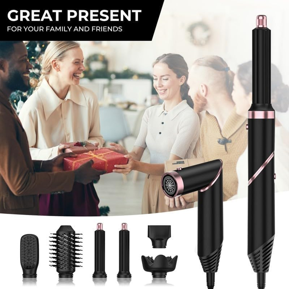 Personen tauschen Geschenke aus. Friseurwerkzeuge werden angezeigt. Der Text lautet: „Tolles Geschenk für Familie und Freunde“.