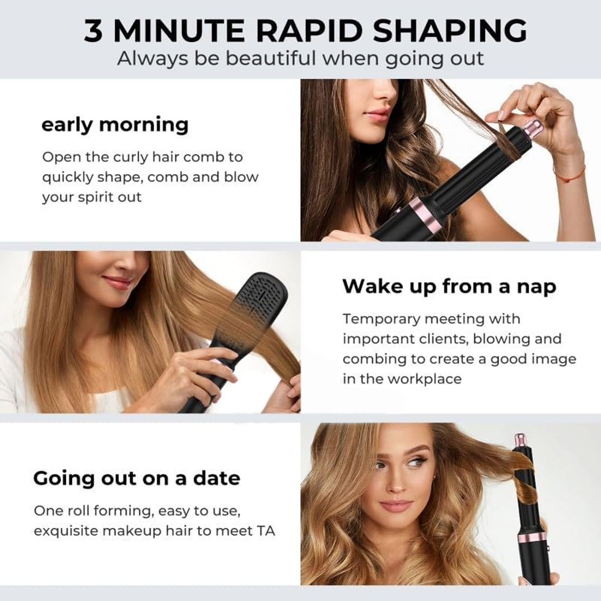 Collage zeigt Friseurschritte: Kämmen, Locken und Bürsten. Text hebt '3 Minute Rapid Shaping' für verschiedene Anlässe hervor.