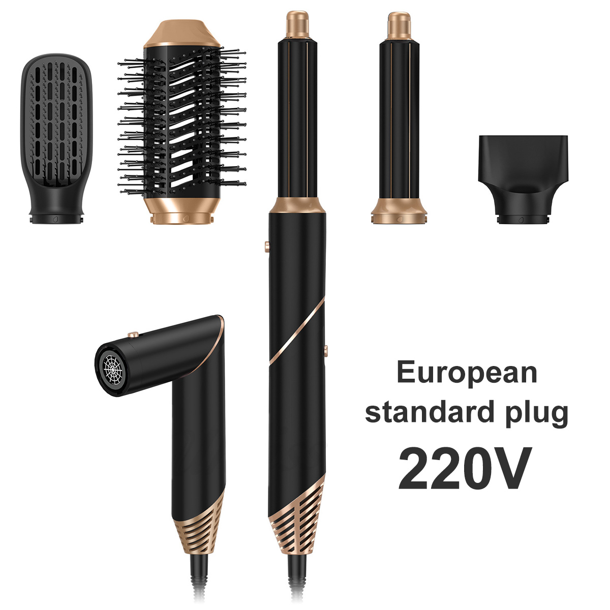 Haarstyling-Set mit schwarzen und goldenen Komponenten. Enthält verschiedene Aufsätze und ein Hauptgerät. Text: Europäischer Standardstecker 220V.