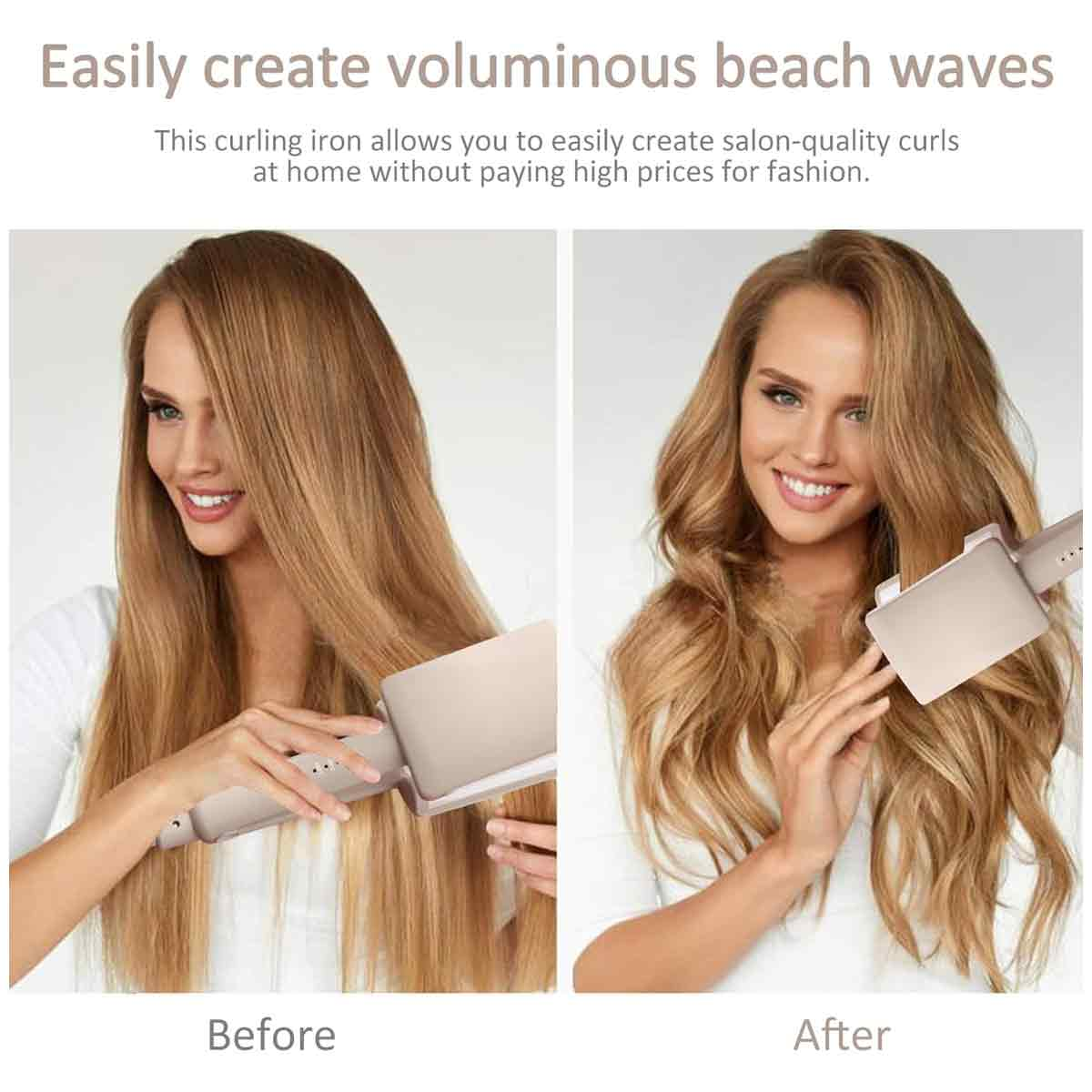 Das Bild zeigt eine Frau, die ein Lockenstab benutzt. Vorher- und Nachher-Aufnahmen zeigen die Erstellung von voluminösen Strandwellen.