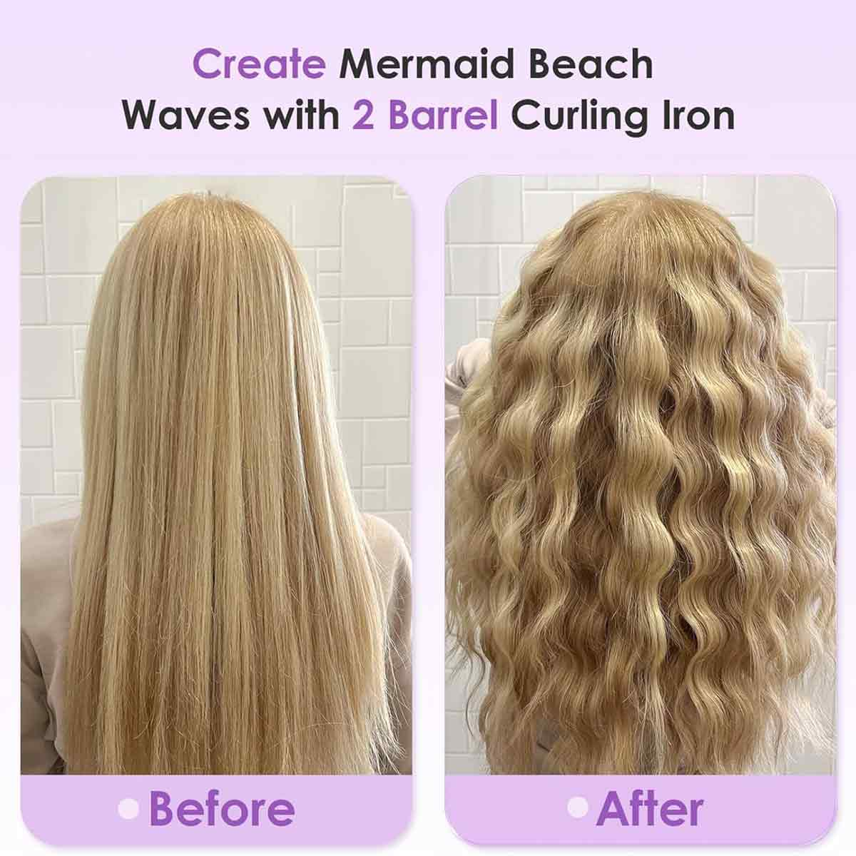 Das Bild zeigt blondes Haar vor und nach dem Locken. Vorher ist es glatt, nachher hat es Meerjungfrauenwellen. Der Text lautet: 'Erstellen Sie Mermaid Beach Waves'.