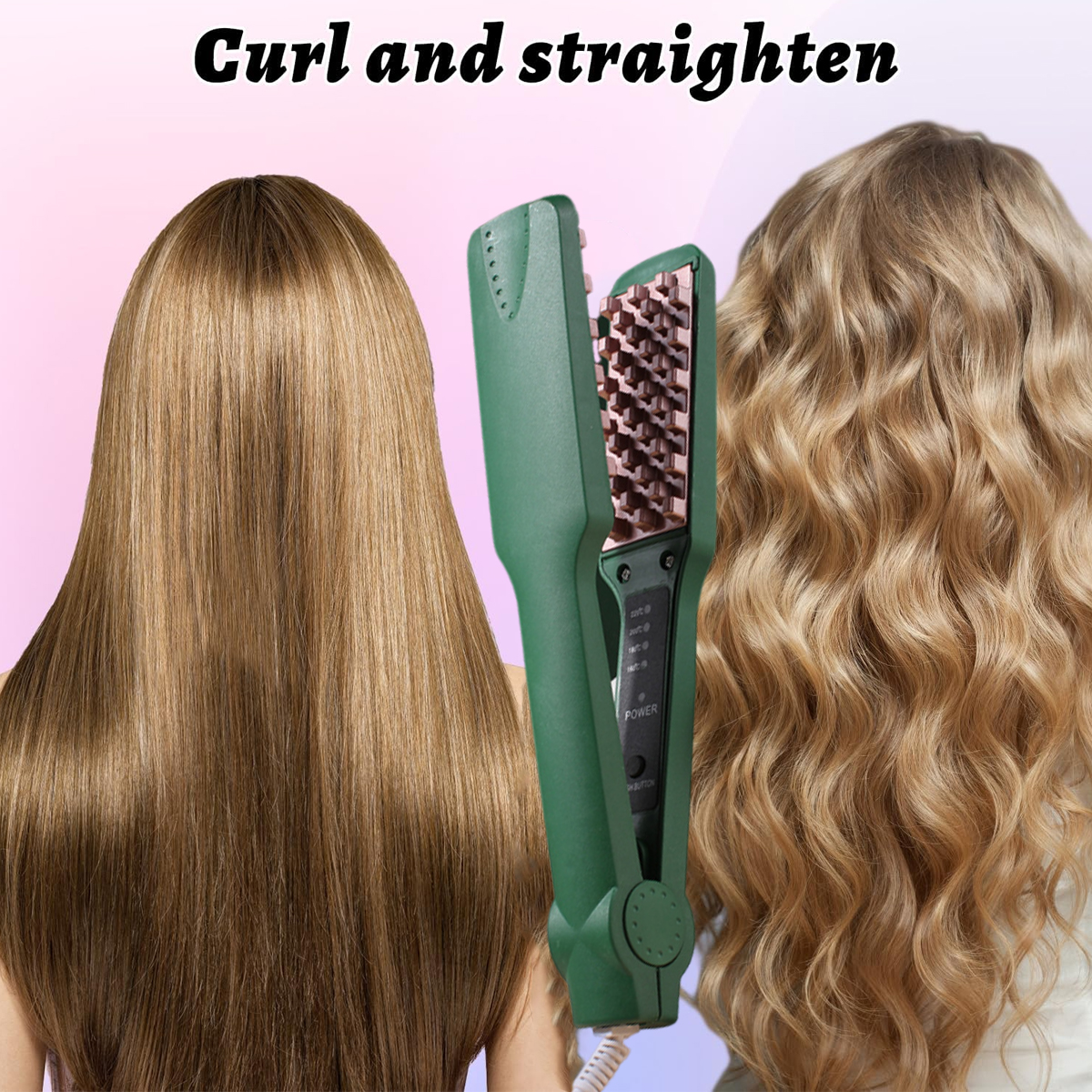 Das Bild zeigt glattes und lockiges Haar mit einem grünen Haarglätter. Der Text oben lautet "Curl and straighten".