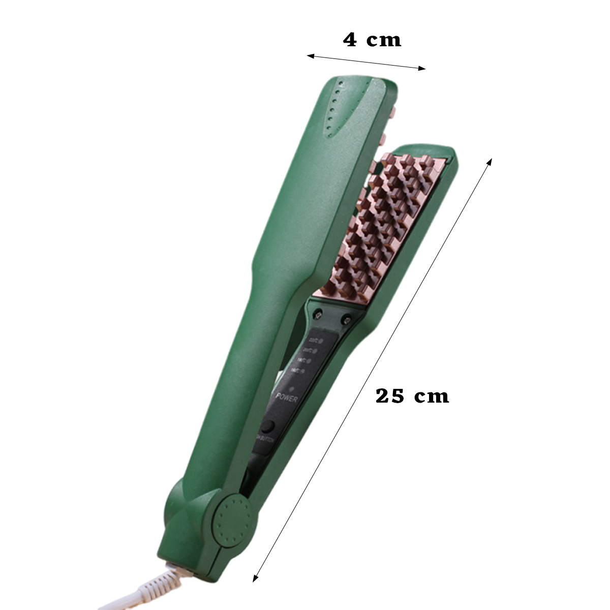 Ein grünes Glätteisen, 25 cm lang, geöffnet. Die Heizplatte ist braun. Es gibt Temperatur- und Leistungsanzeigen. Ein weißes Kabel ist befestigt.