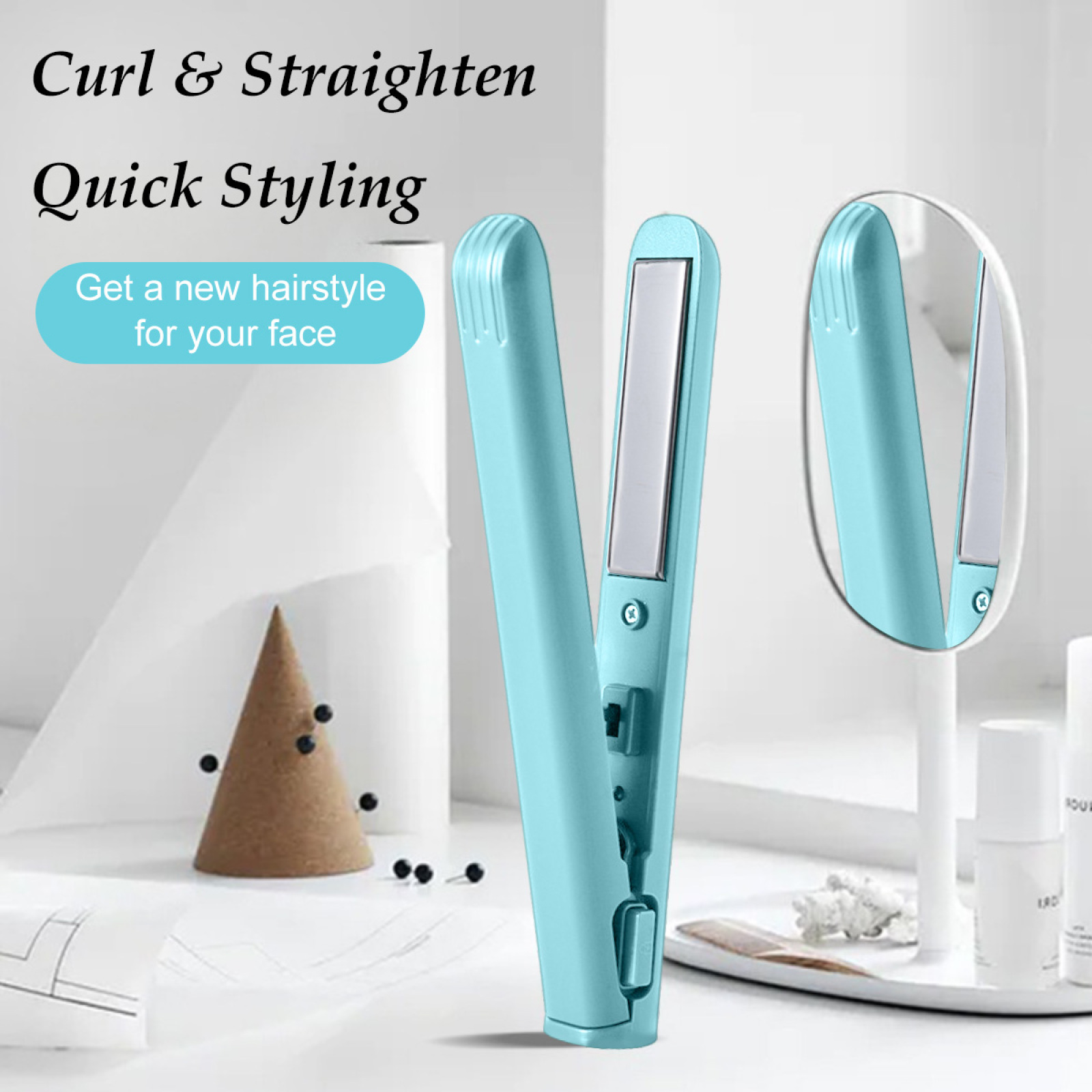 Ein türkisblaues Glätteisen mit Spiegel, Kegel und Schönheitsprodukten auf weißer Oberfläche. Text: Curl & Straighten, Quick Styling.