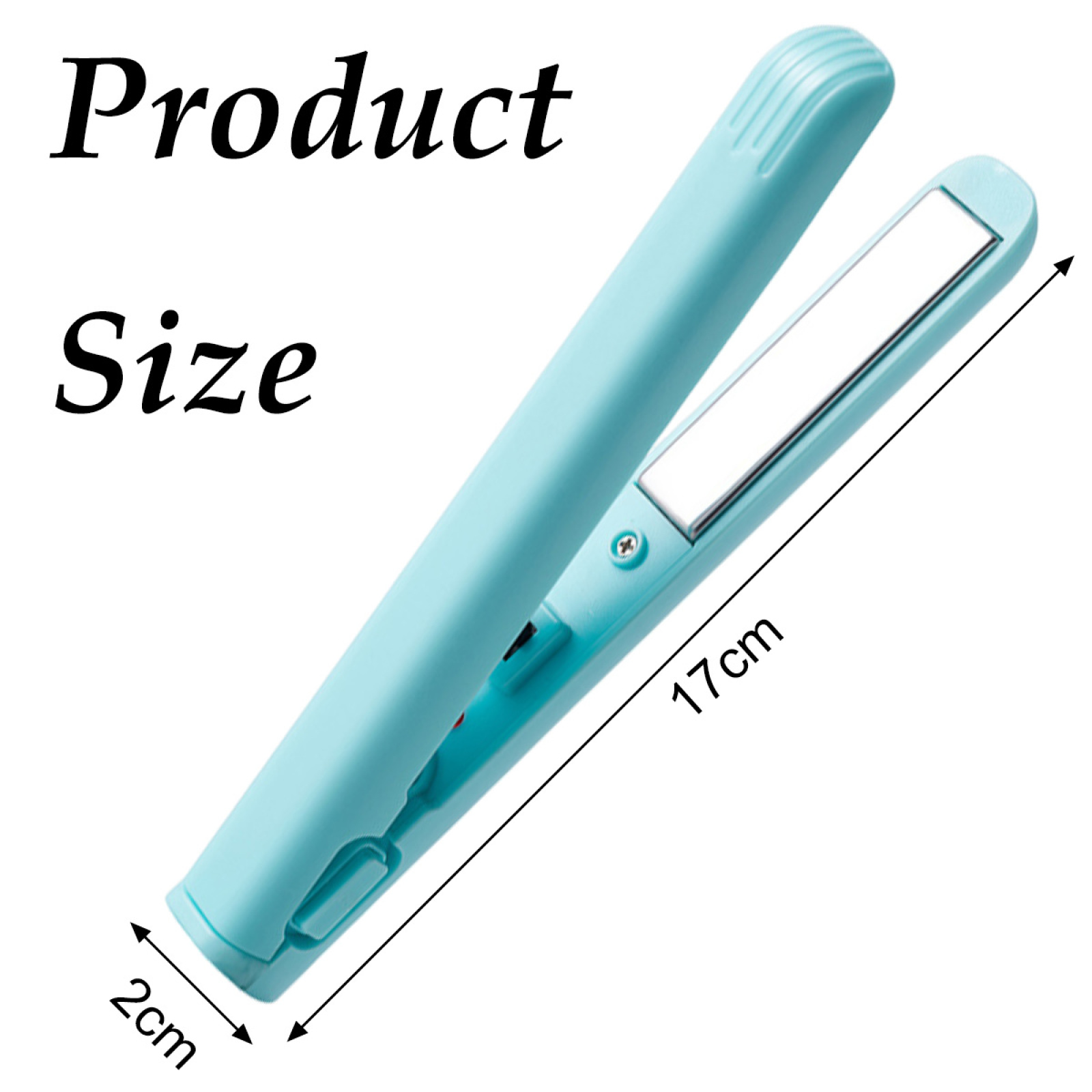 Ein hellblaues Glätteisen, 17 cm lang und 2 cm breit, mit der Aufschrift "Produktgröße".
