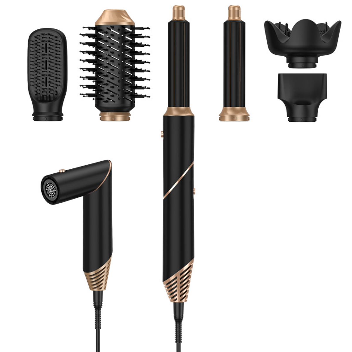 Ein schwarz-goldenes Haarstyling-Set mit mehreren Aufsätzen, darunter ein Haartrockner, Bürsten und Styling-Düsen, auf weißem Hintergrund.