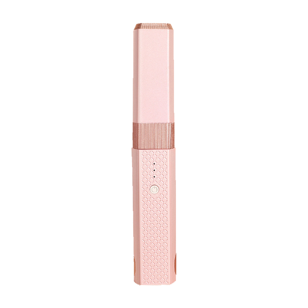 Ein rosa Schönheitsgerät, wahrscheinlich ein Gesichtswerkzeug, steht vertikal vor einem weißen Hintergrund. Es hat einen strukturierten unteren Abschnitt und eine metallische Oberseite.