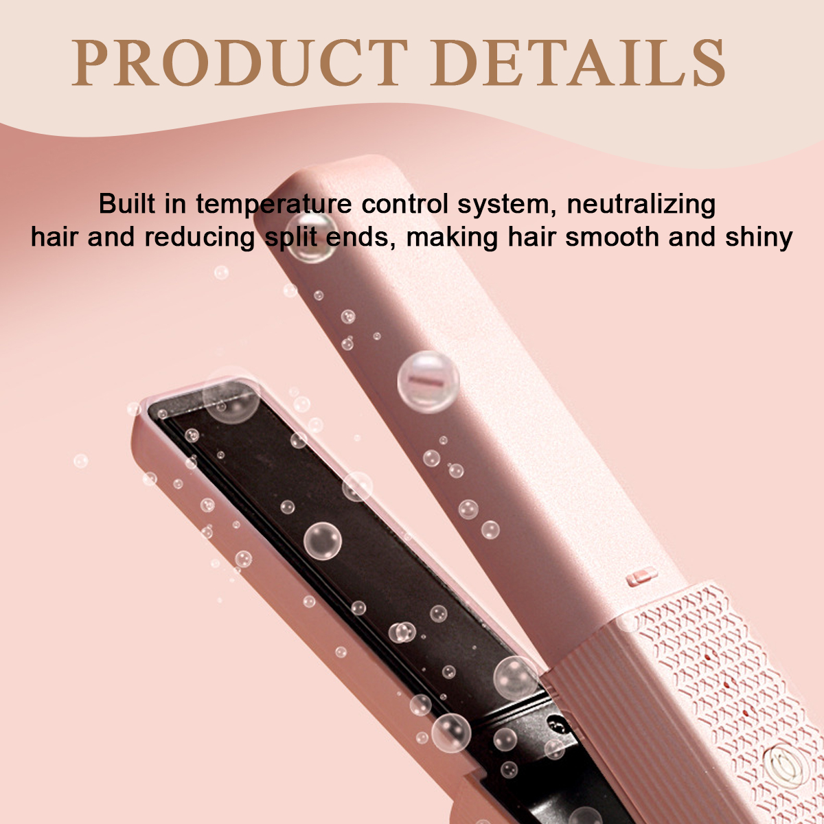 Rosa Haarglätter mit schwarzen Platten. Text: Produktdetails. Blasen schweben herum. Verspricht glattes, glänzendes Haar.