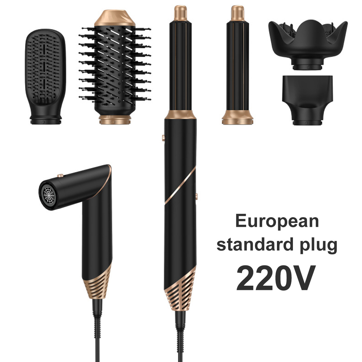 Schwarzes und goldenes Haarstyling-Set. Enthält einen Haartrockner, verschiedene Styling-Aufsätze und Text für 220V.
