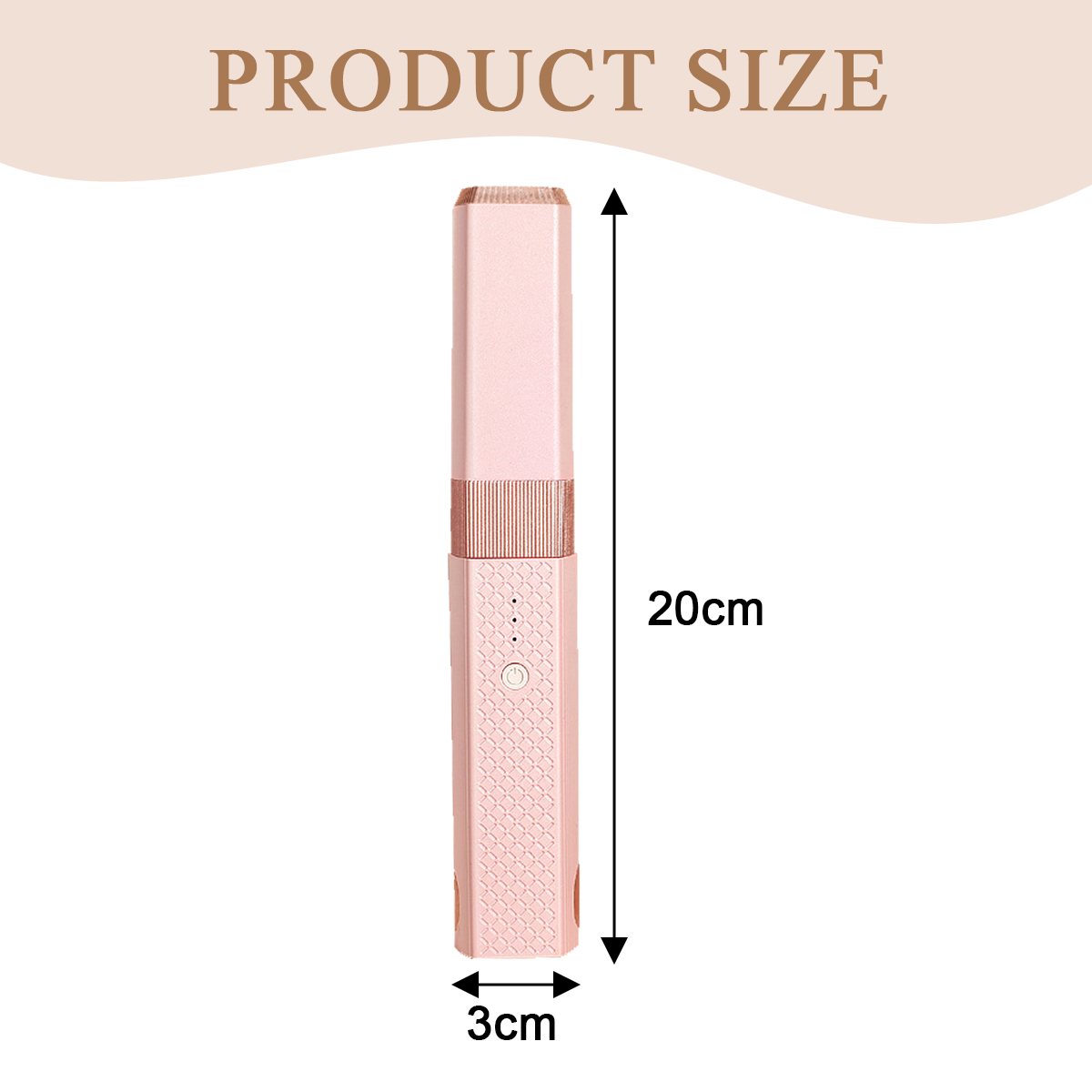 Ein rosafarbenes Schönheitsgerät mit angegebenen Abmessungen. Es ist 20 cm hoch und 3 cm breit. Oben steht 'PRODUCT SIZE'.