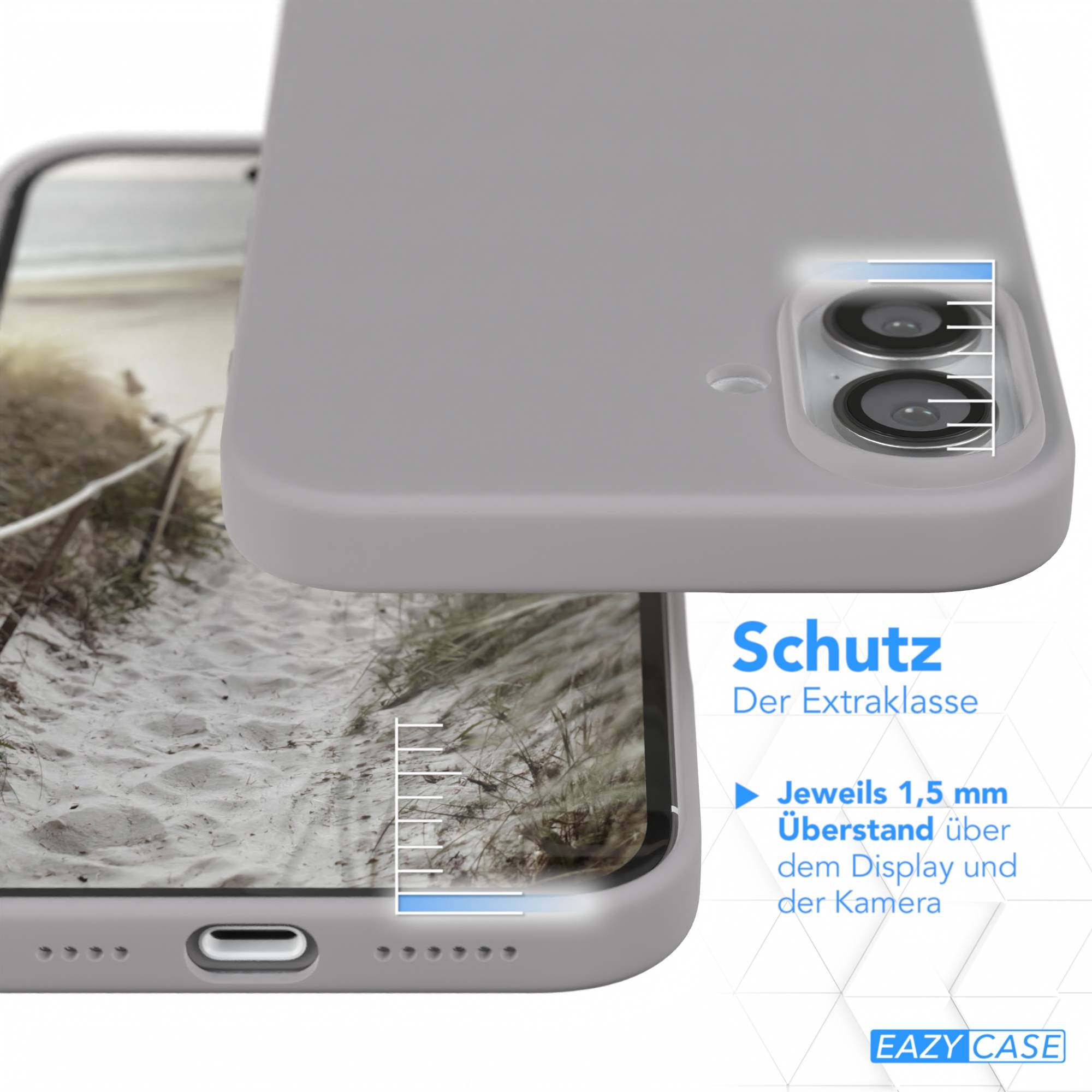 Eine Handyhülle auf einem Handy, die eine sandige Strandszene zeigt. Der Text lautet 'Schutz' und 'EAZY CASE'.