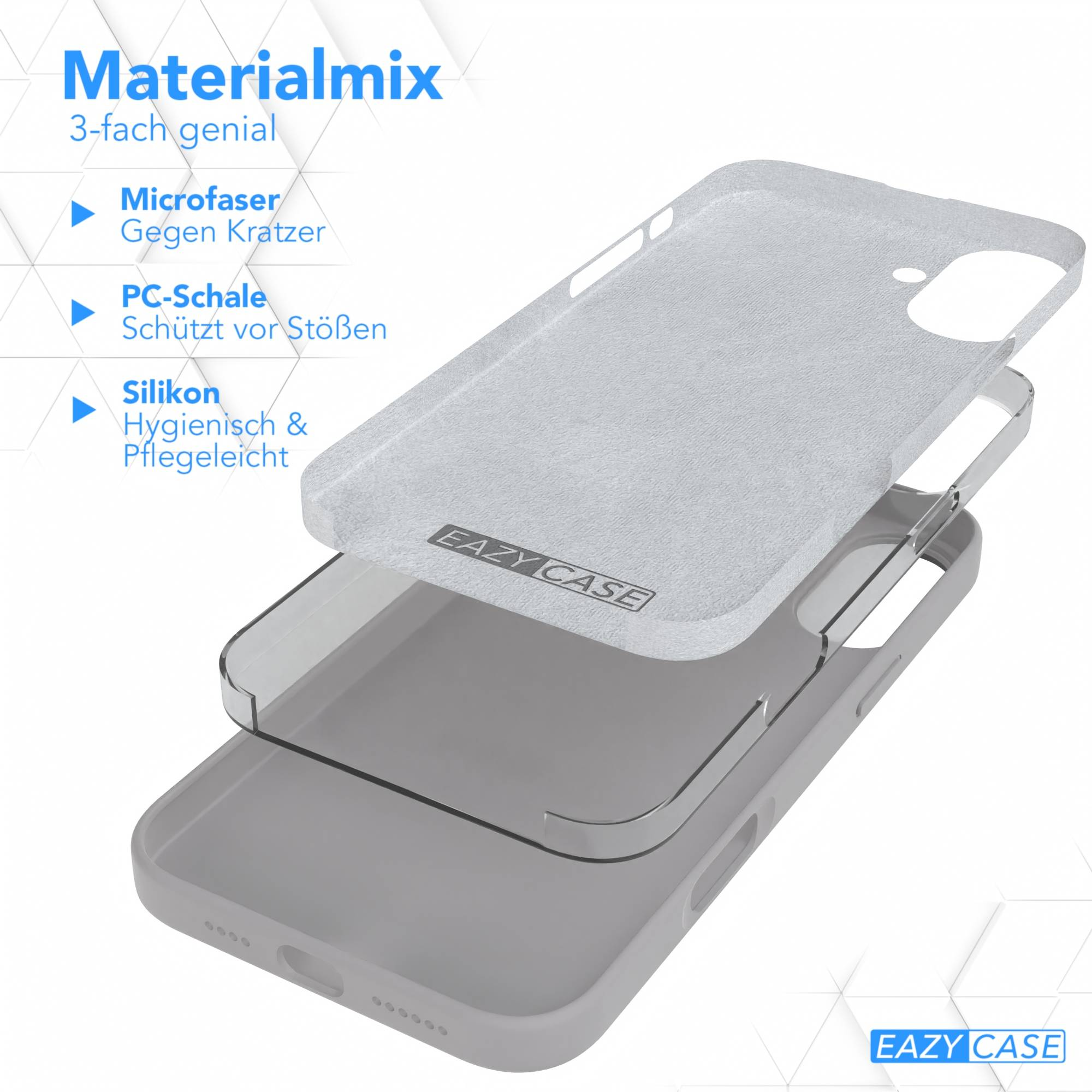 Eine Handyhülle mit drei Schichten: Mikrofaser, PC-Schale und Silikon. Die Schichten sind leicht getrennt.