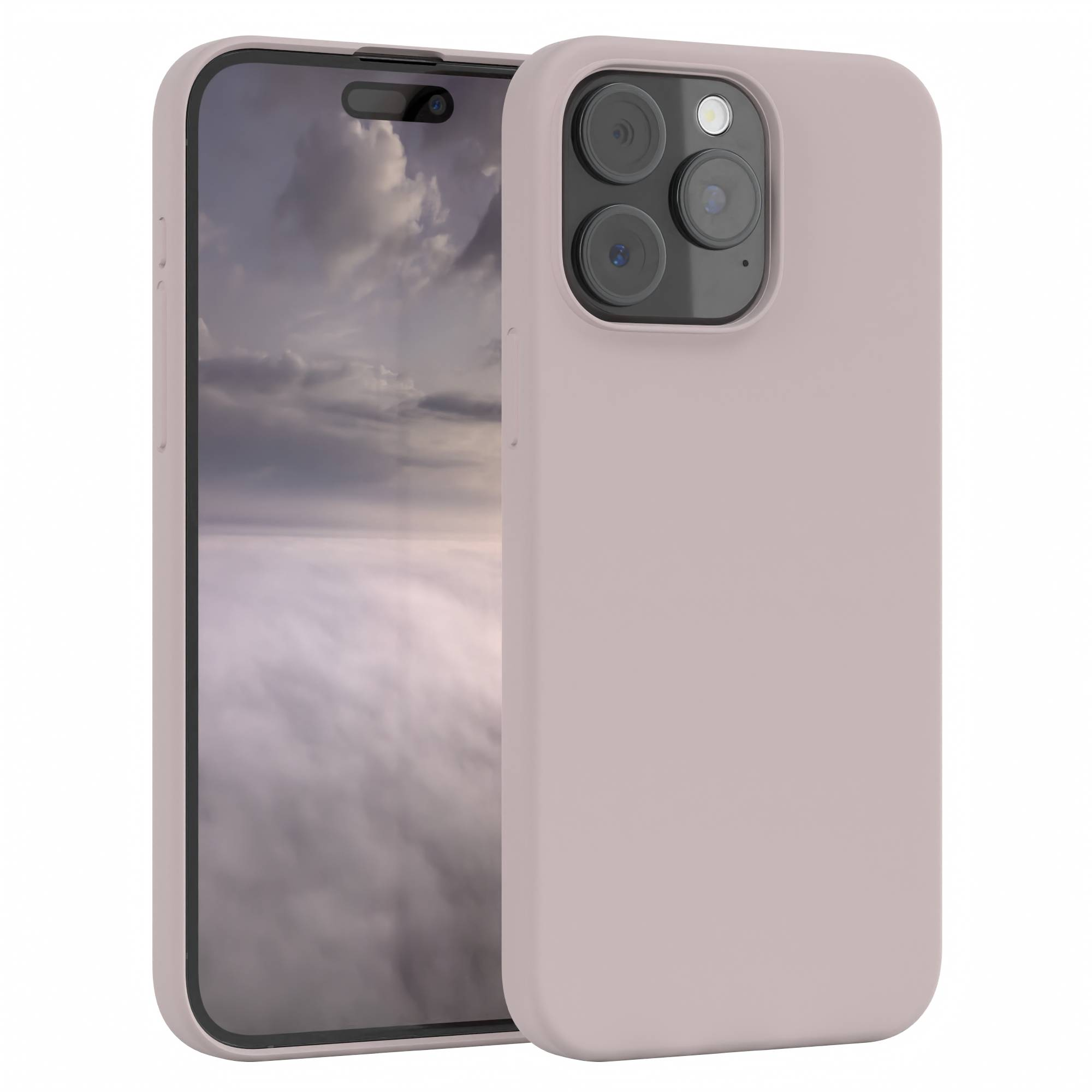 Eine hellviolette Handyhülle mit einem Handy darin. Das Telefon zeigt einen bewölkten Himmel. Die Hülle hat eine Kamera.