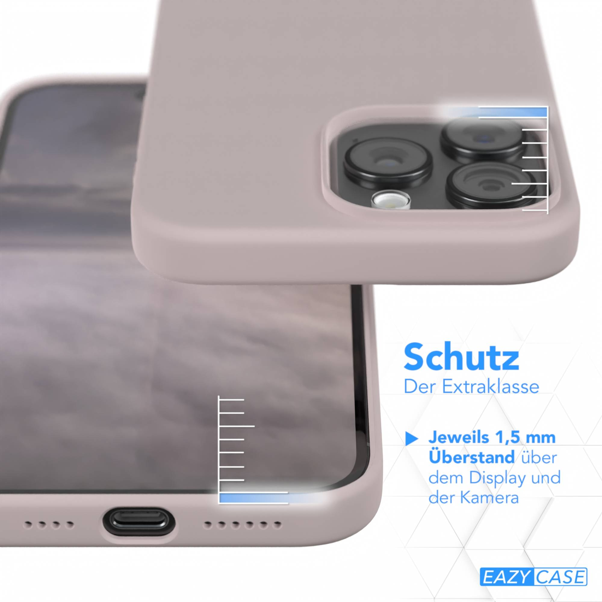Ein Telefon mit Schutzhülle. Die Hülle ist rosa und hat eine Maßstabsanzeige. Der Text lautet Schutz, und EAZY CASE ist sichtbar.