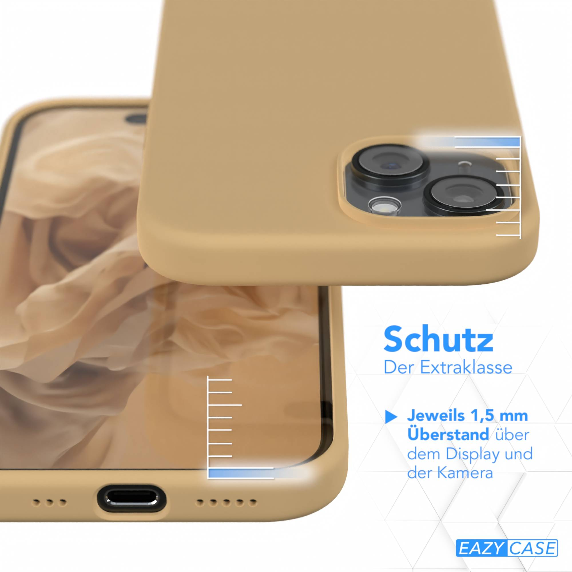 Eine hellbraune Handyhülle mit teilweise darin befindlichem Telefon. Die Hülle hat Text und ein Logo.