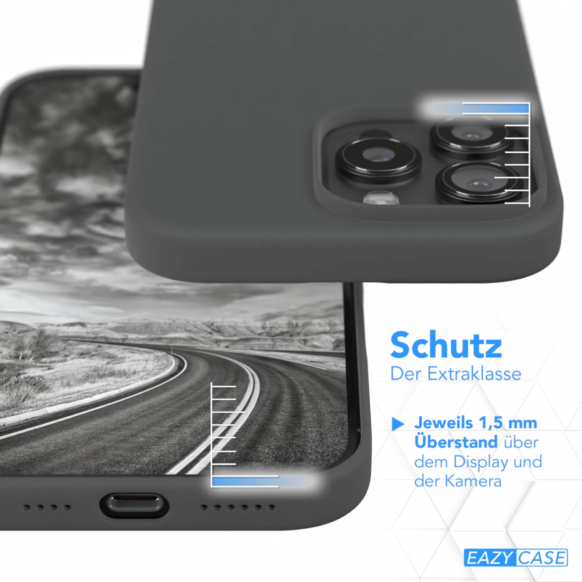 Eine Handyhülle vor einer Landschaft. Der Text lautet 'Schutz Der Extraklasse' und 'Jeweils 1,5 mm Überstand über dem Display und der Kamera'.