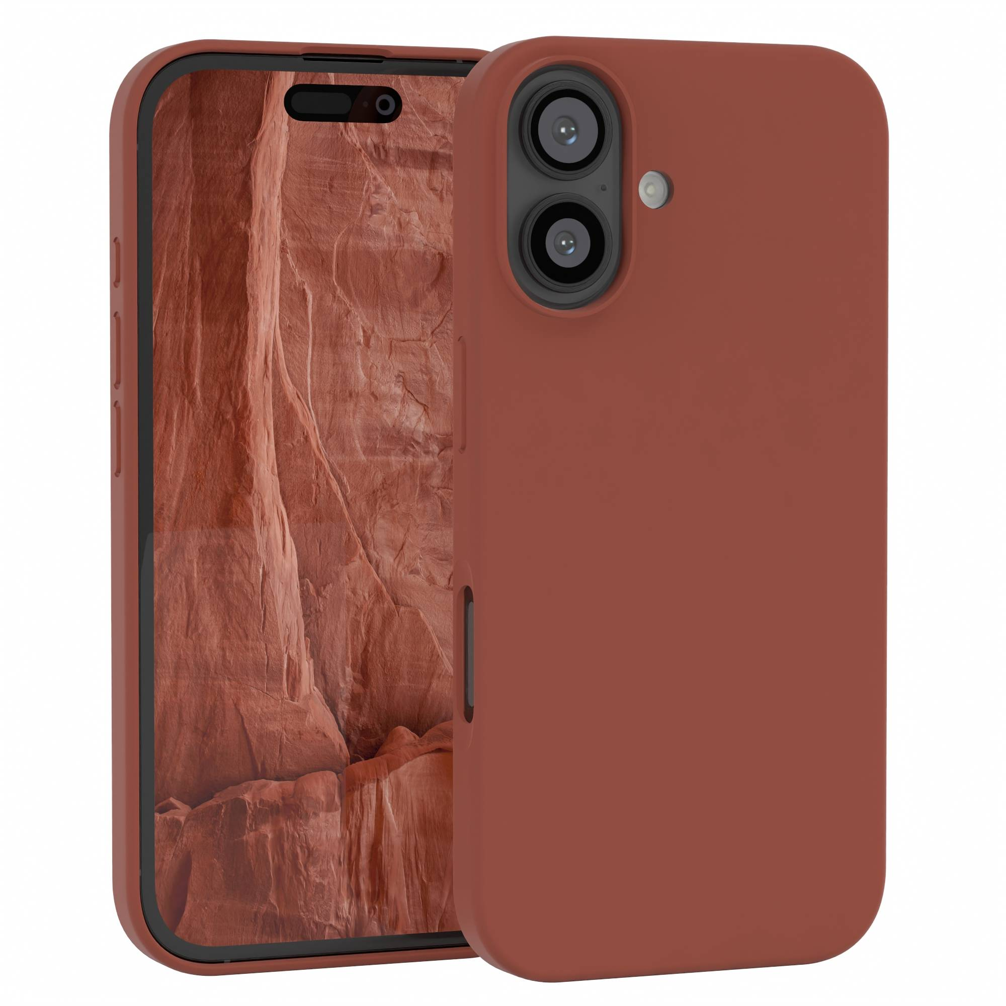 Eine terrakottafarbene Handyhülle und ein Handy werden gezeigt. Der Telefonbildschirm zeigt eine Canyonlandschaft.