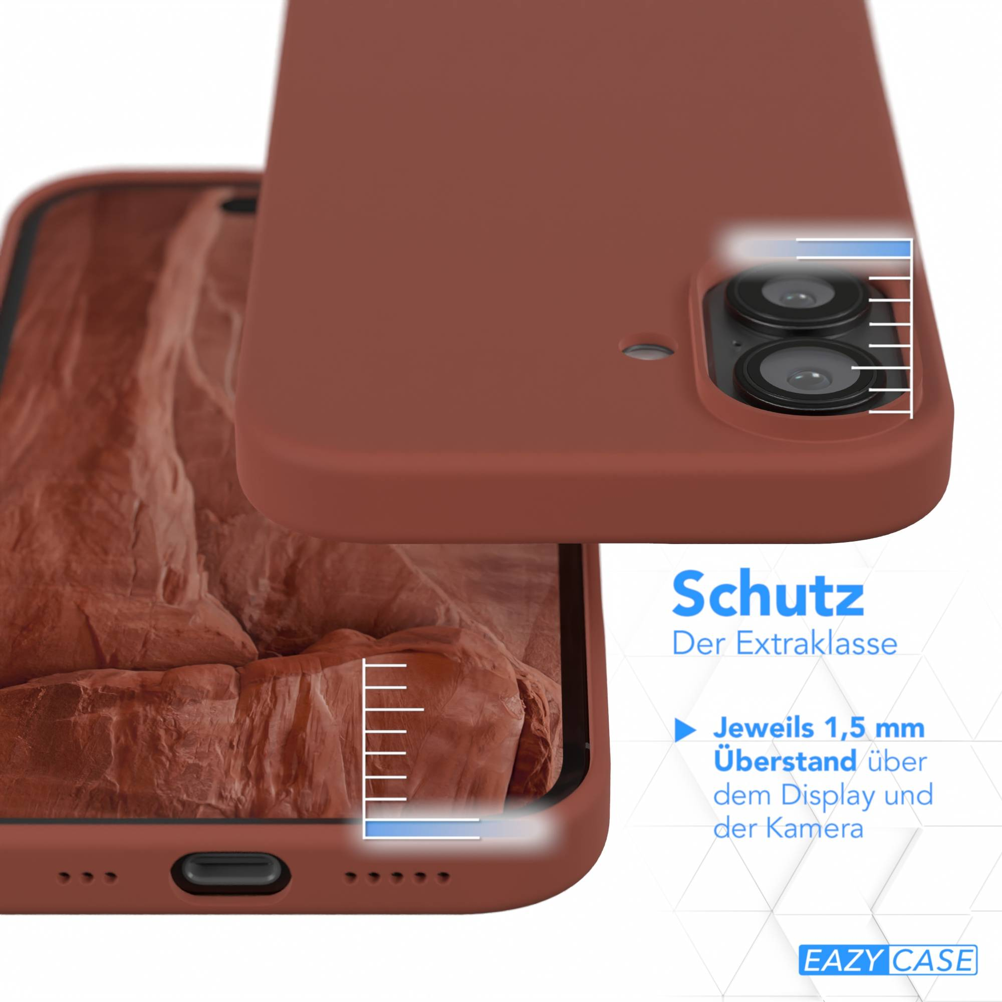 Eine braune Handyhülle, die Kamera und das Display mit dem Text 'Schutz' und 'EAZY CASE' zeigt.