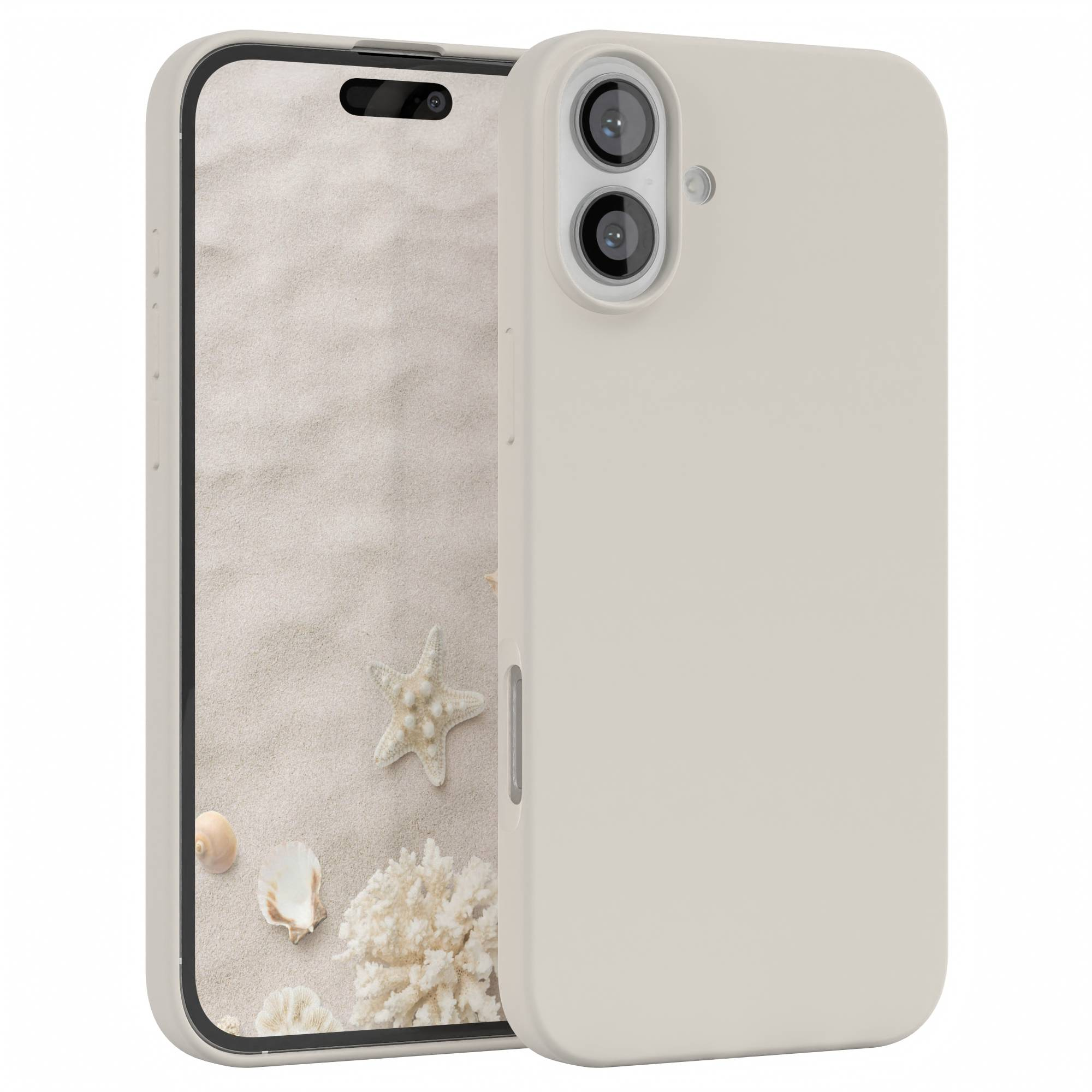 Telefonhülle mit Sandstrand-Display. Seesterne, Muscheln und Korallen sind auf dem Bildschirm. Die Hülle ist hellbeige.
