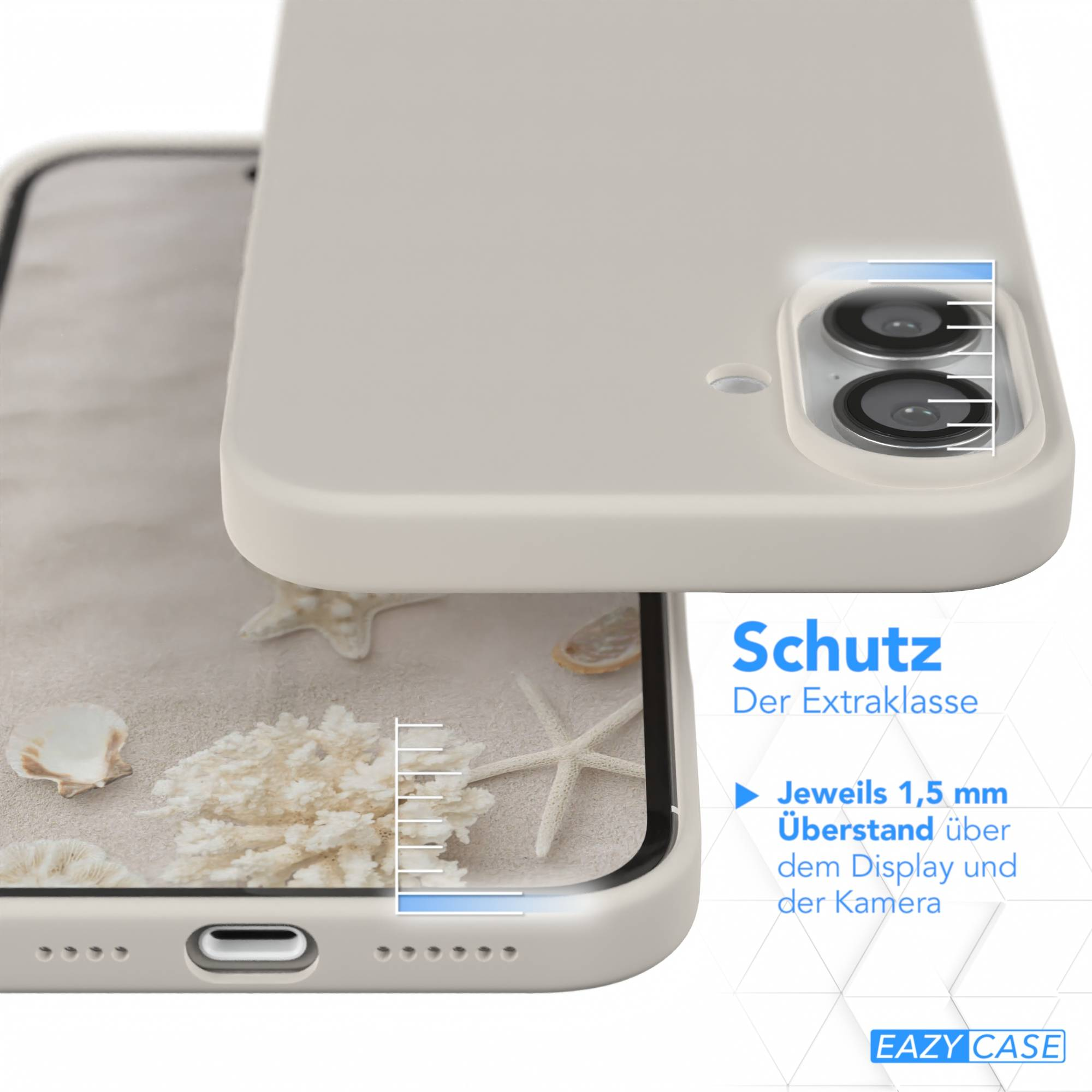Eine Handyhülle mit Strandszene liegt über einem Telefon. Die Hülle ist beige, und das Telefon hat einen Bildschirm mit Muscheln und Seesternen.