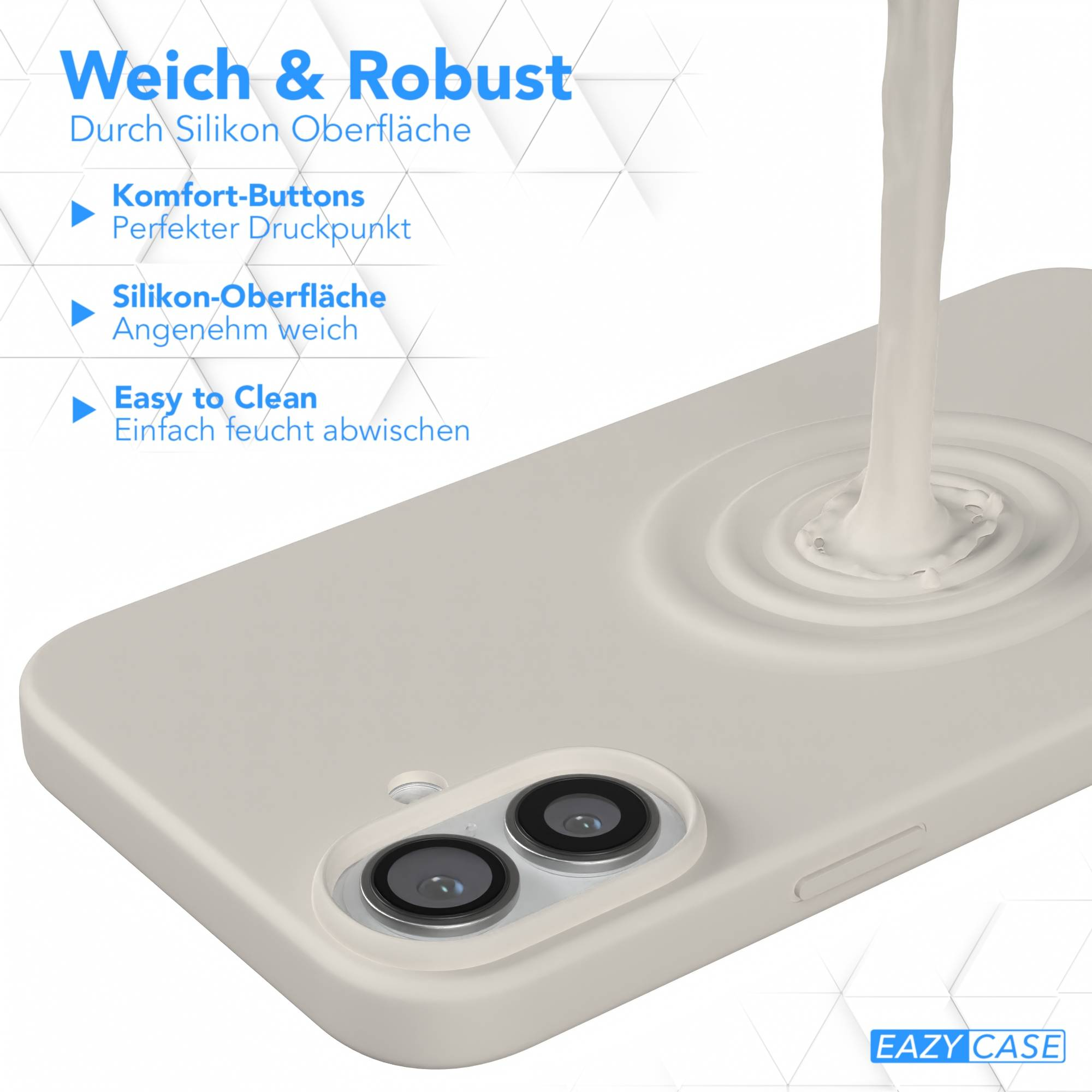 Eine beige Handyhülle mit zwei Kameraausschnitten. Eine weiße Flüssigkeit wird darauf gegossen. Text beschreibt das Produkt.