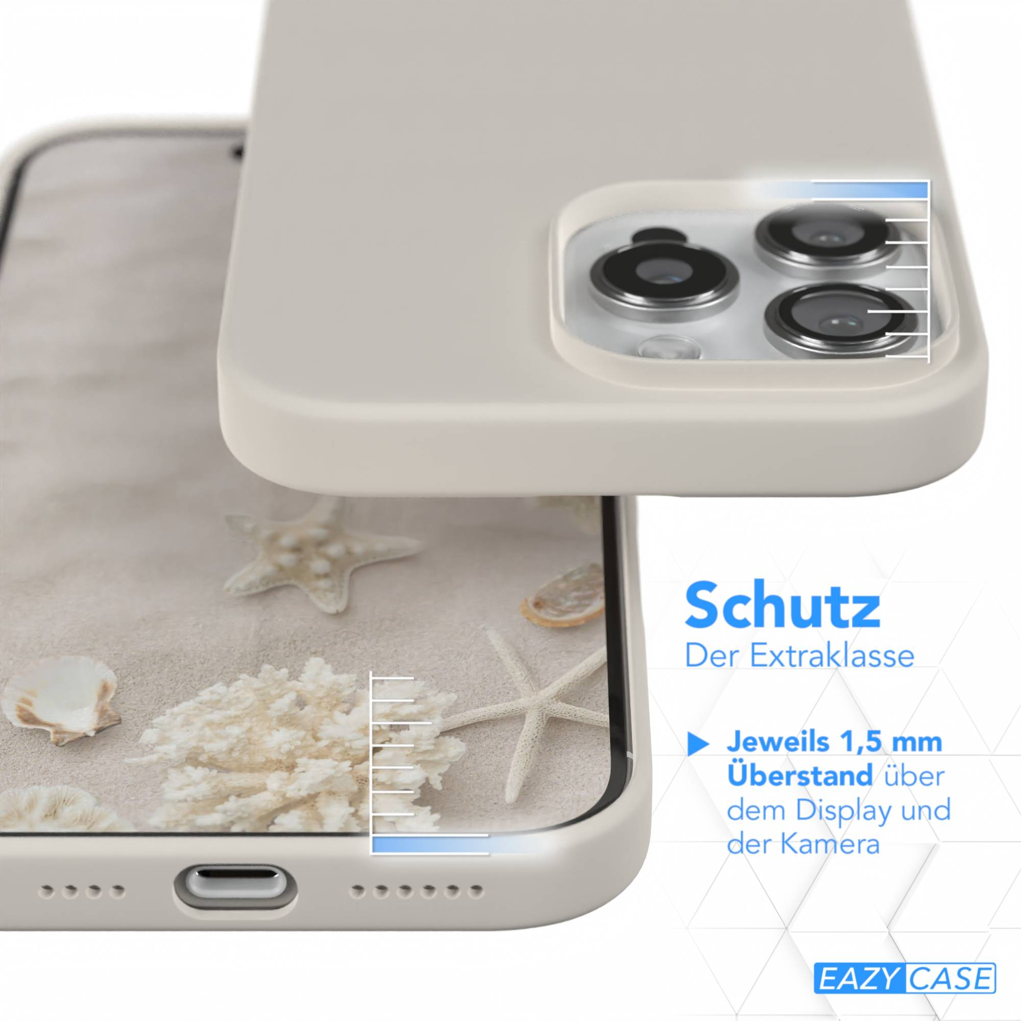 Eine Handyhülle zeigt eine Strandszene mit Muscheln und Seesternen. Die Hülle ist beige, und die Kameralinsen sind sichtbar.