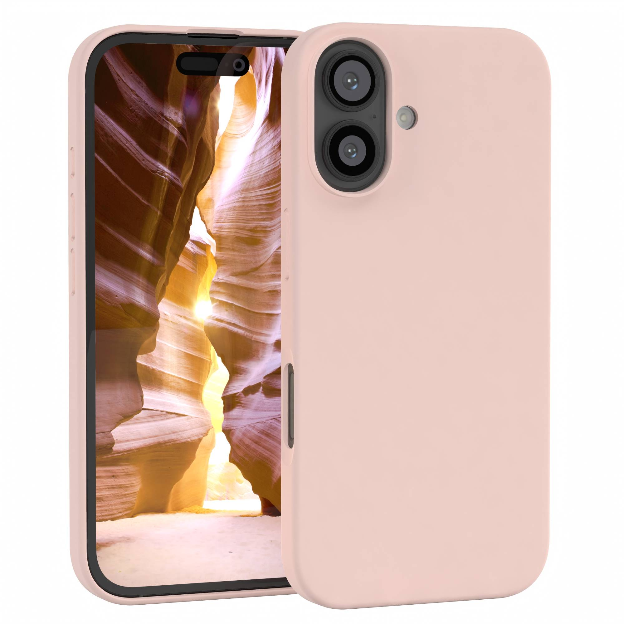 Eine hellrosa Handyhülle mit einem Telefon, das eine Canyonszene zeigt. Die Hülle hat Kameras.