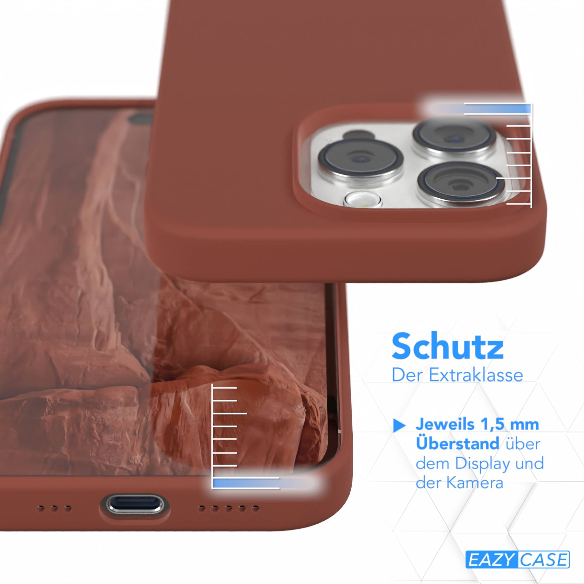 Das Bild zeigt eine braune Handyhülle mit dem Telefon darin. Auf der rechten Seite steht Text 'Schutz' und unten 'EAZY CASE'.