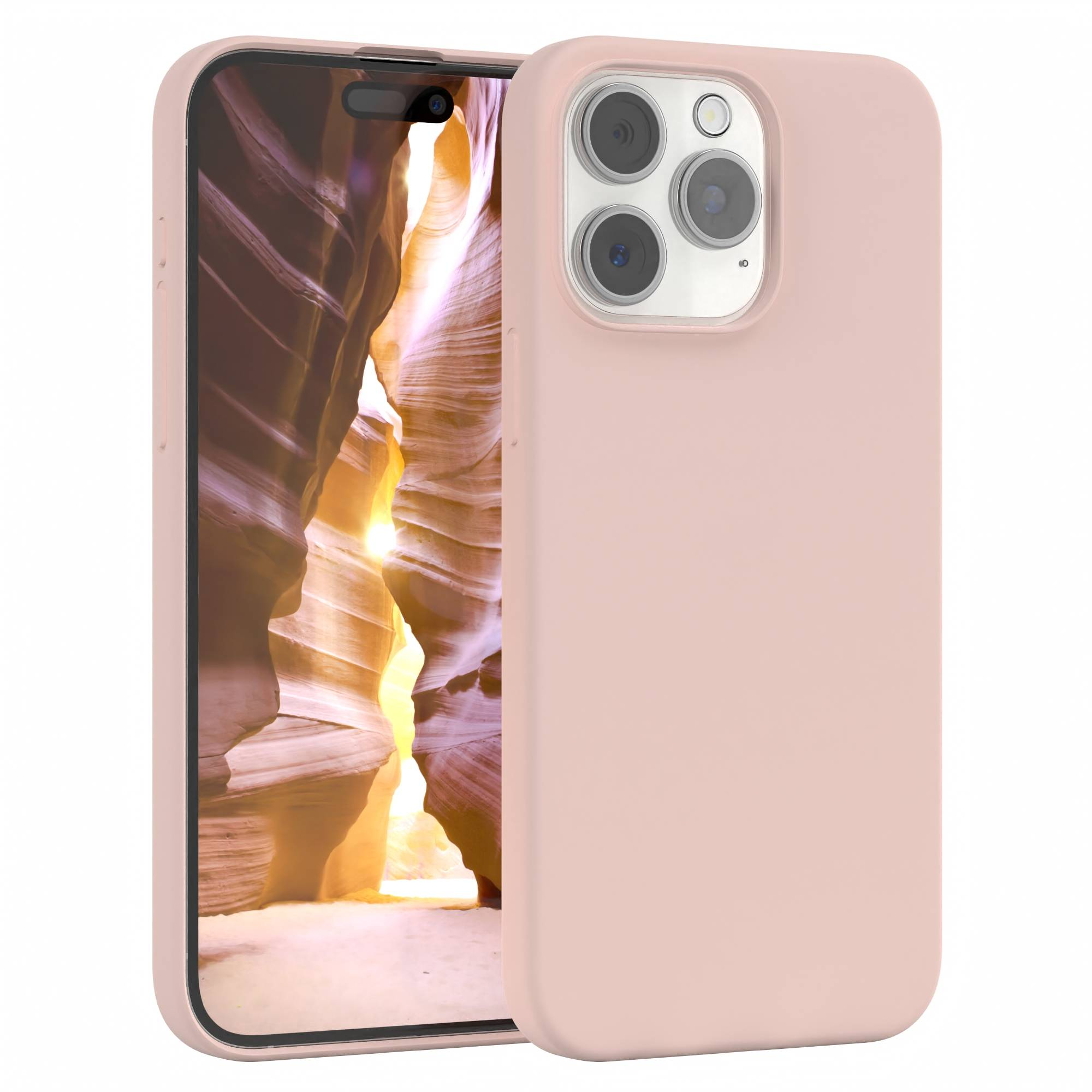 Rosa Handyhülle mit Canyons auf dem Bildschirm. Telefonkameras sind sichtbar.