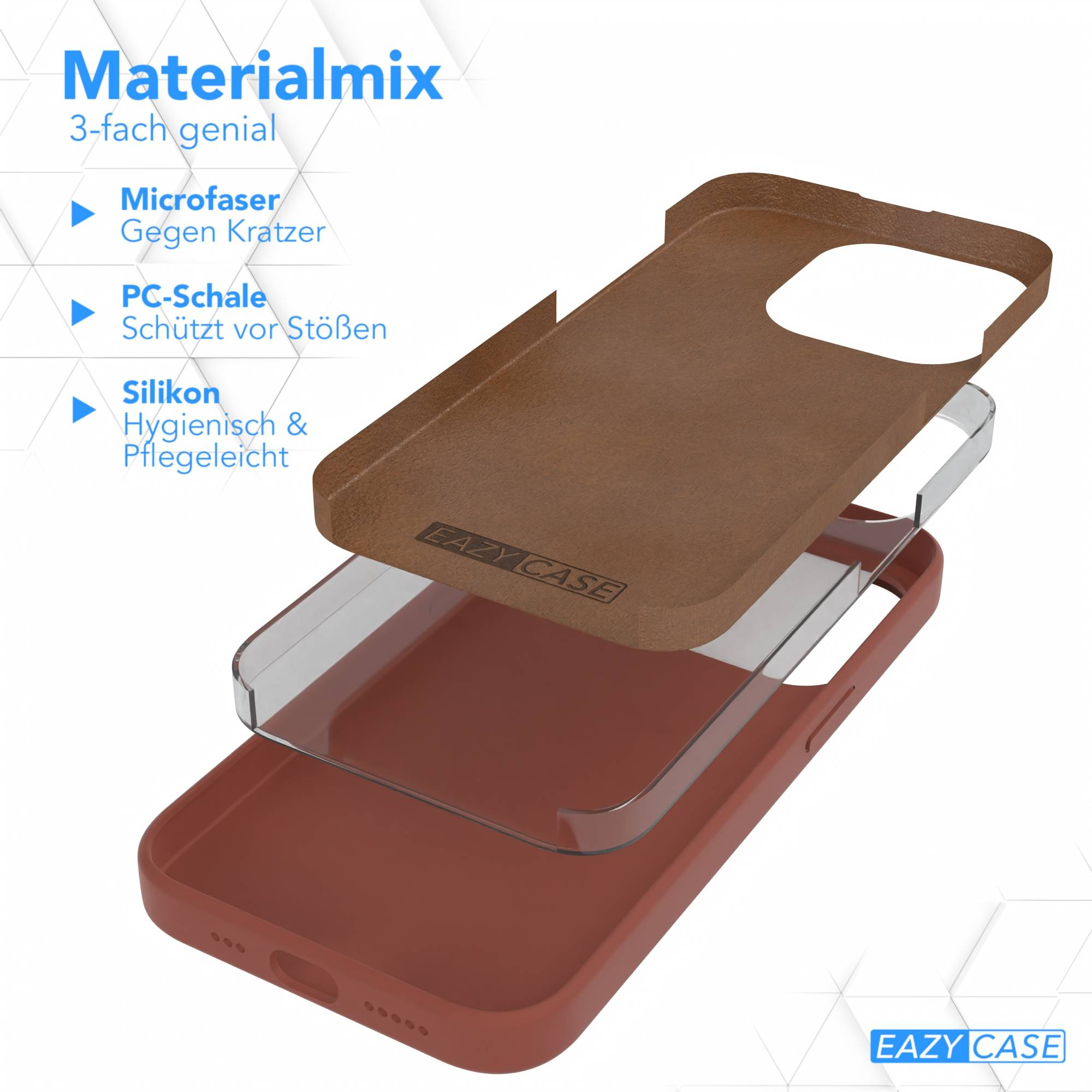Eine Handyhülle in drei Schichten: braun oben, klar in der Mitte und rotbraun unten. Text beschreibt Materialien und Funktionen.