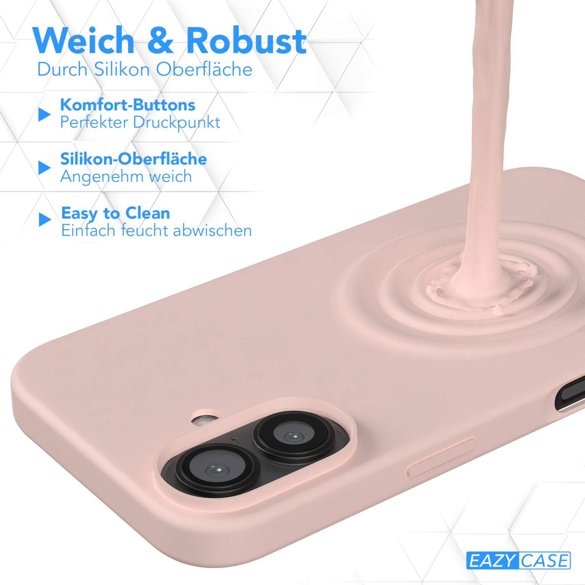 Eine rosa Handyhülle mit einem Ausschnitt für eine Dual-Kamera wird gezeigt. Rosa Flüssigkeit wird auf die Hülle gegossen. Text: Weich & Robust. EAZY CASE.