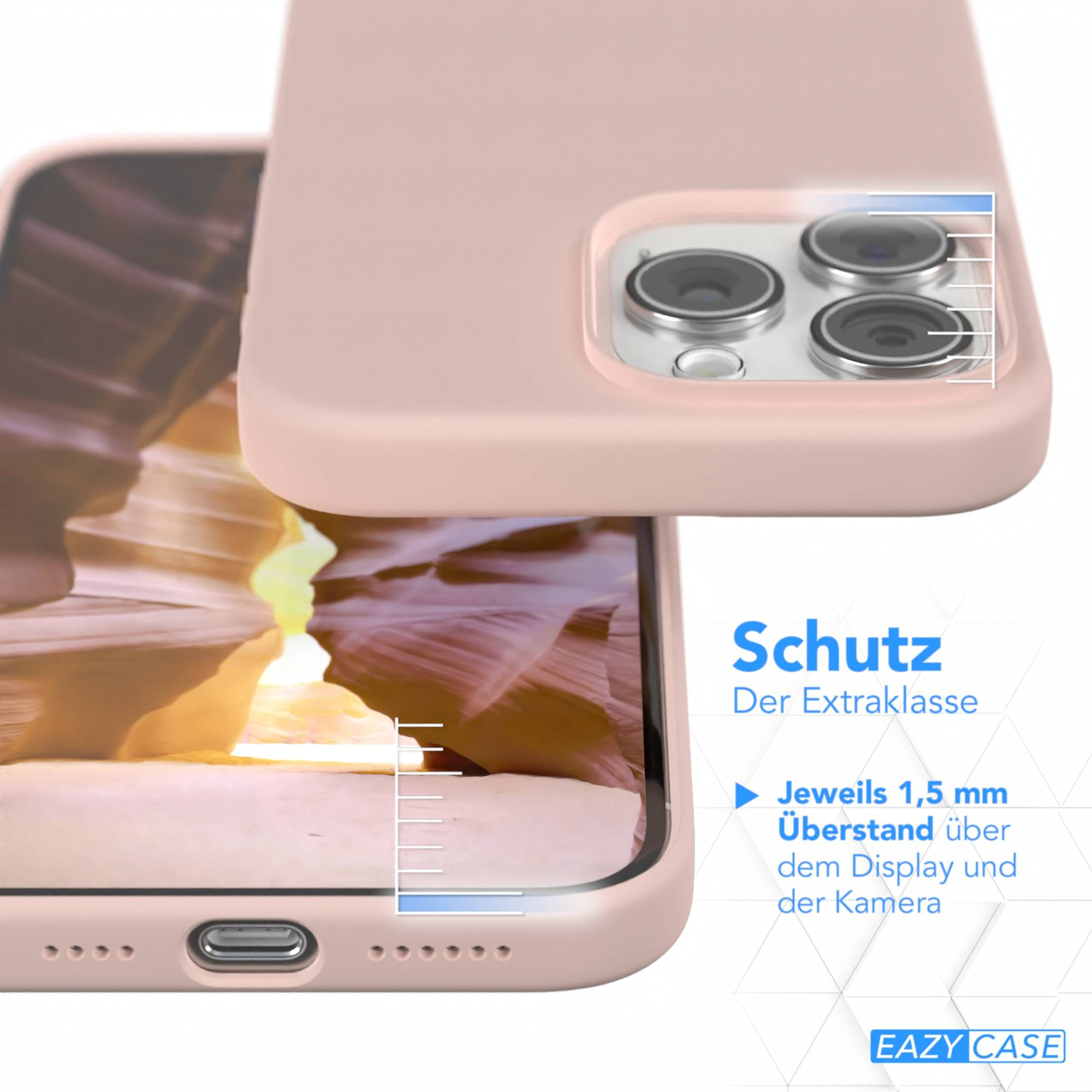Eine rosa Handyhülle liegt über einem Telefon und zeigt Kamera- und Bildschirmschutz. Text hebt die Merkmale der Hülle hervor.