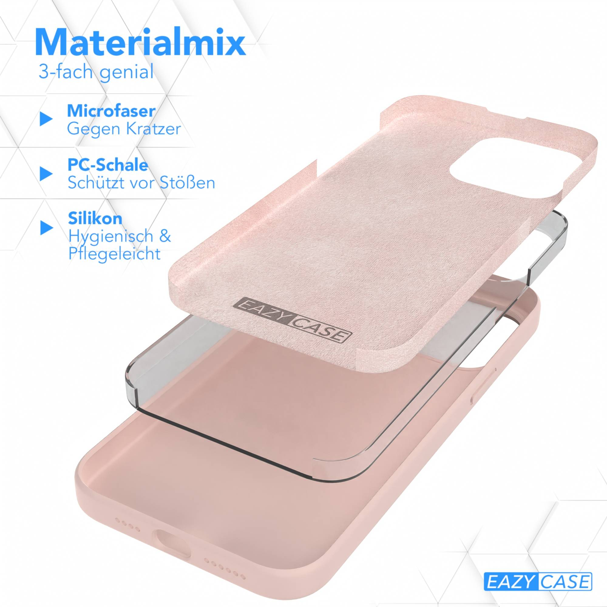 Explosionsansicht einer Handyhülle mit Schichten aus rosa Material, Silikon und einer PC-Schale.