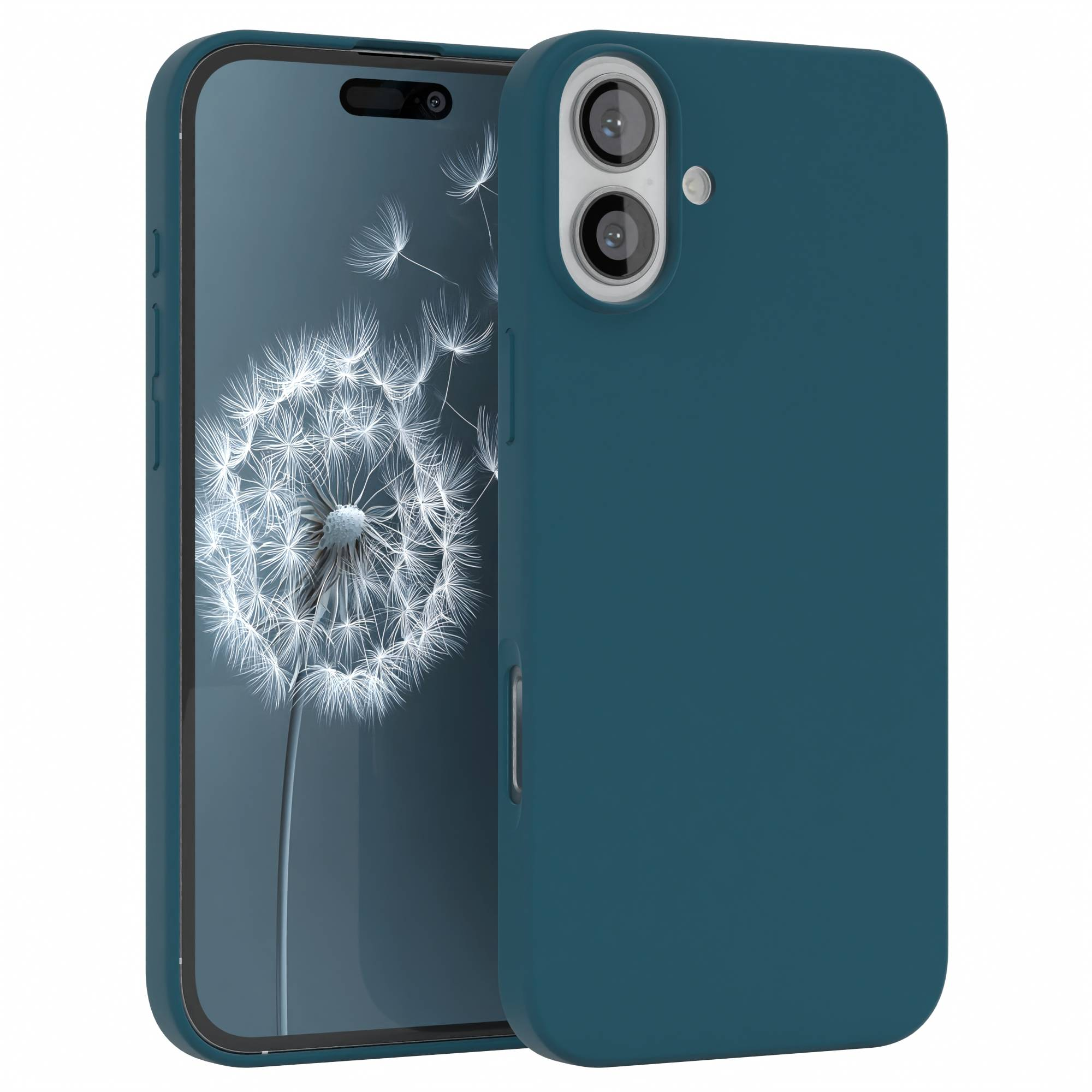 Eine tealfarbene Handyhülle mit einem Telefon darin. Der Bildschirm zeigt einen weißen Löwenzahn vor blauem Hintergrund.