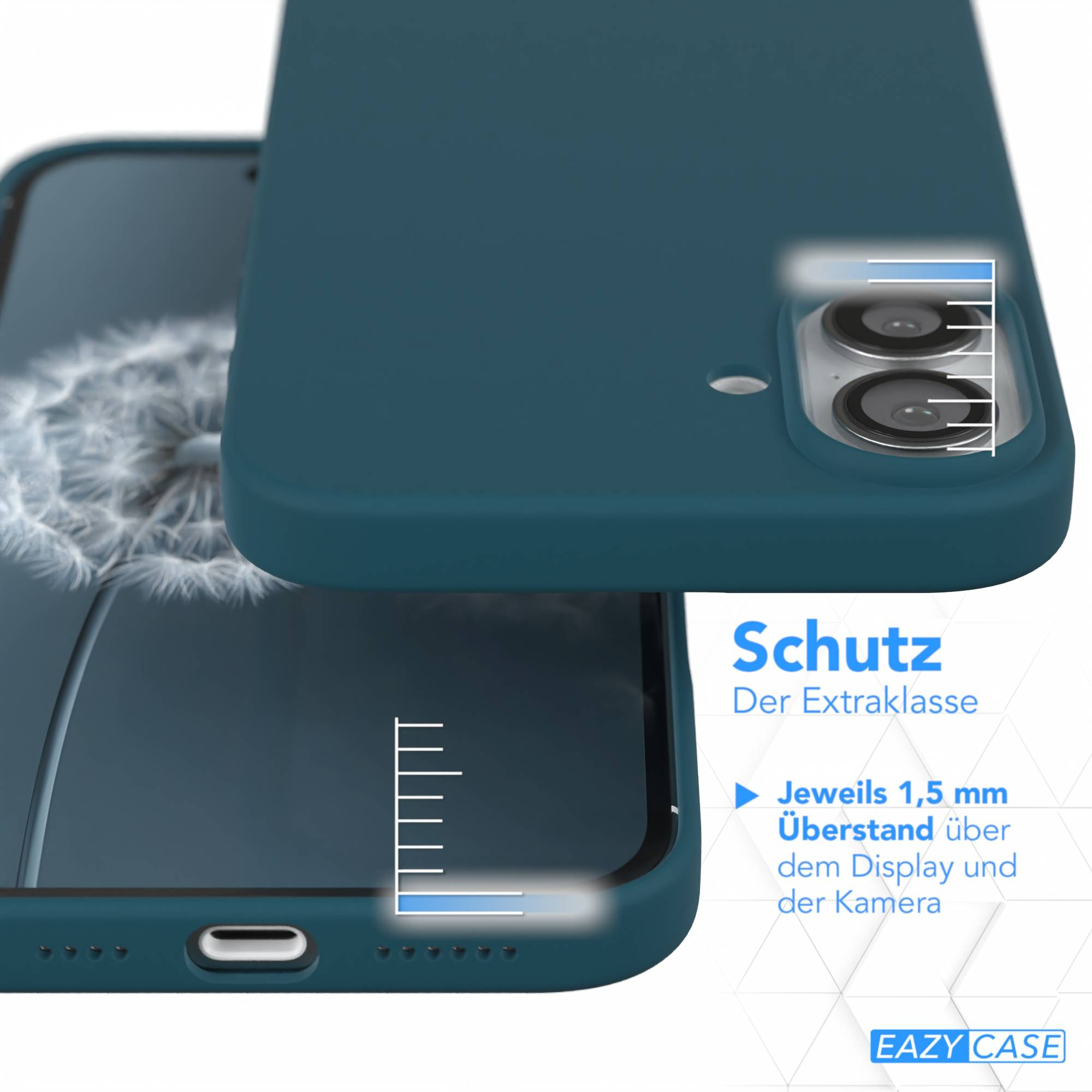 Eine teal Handyhülle bedeckt teilweise ein Handy. Text hebt den Bildschirm- und Kameraschutz hervor.