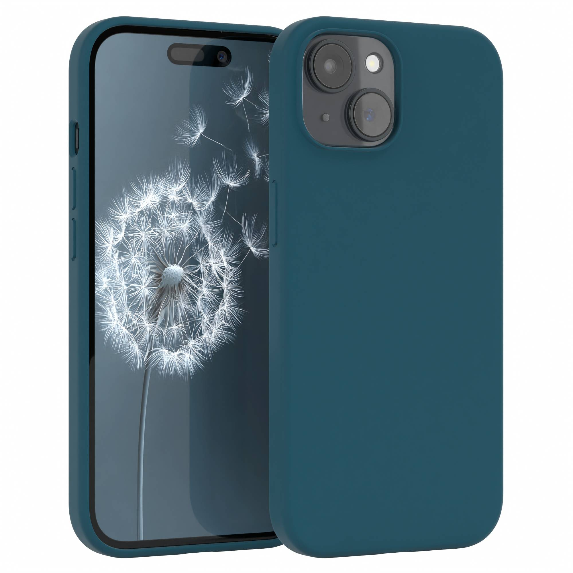 Eine teal Handyhülle mit einem Telefon darin. Das Telefon zeigt ein Pusteblumenbild. Die Hülle hat ein Kameramodul.