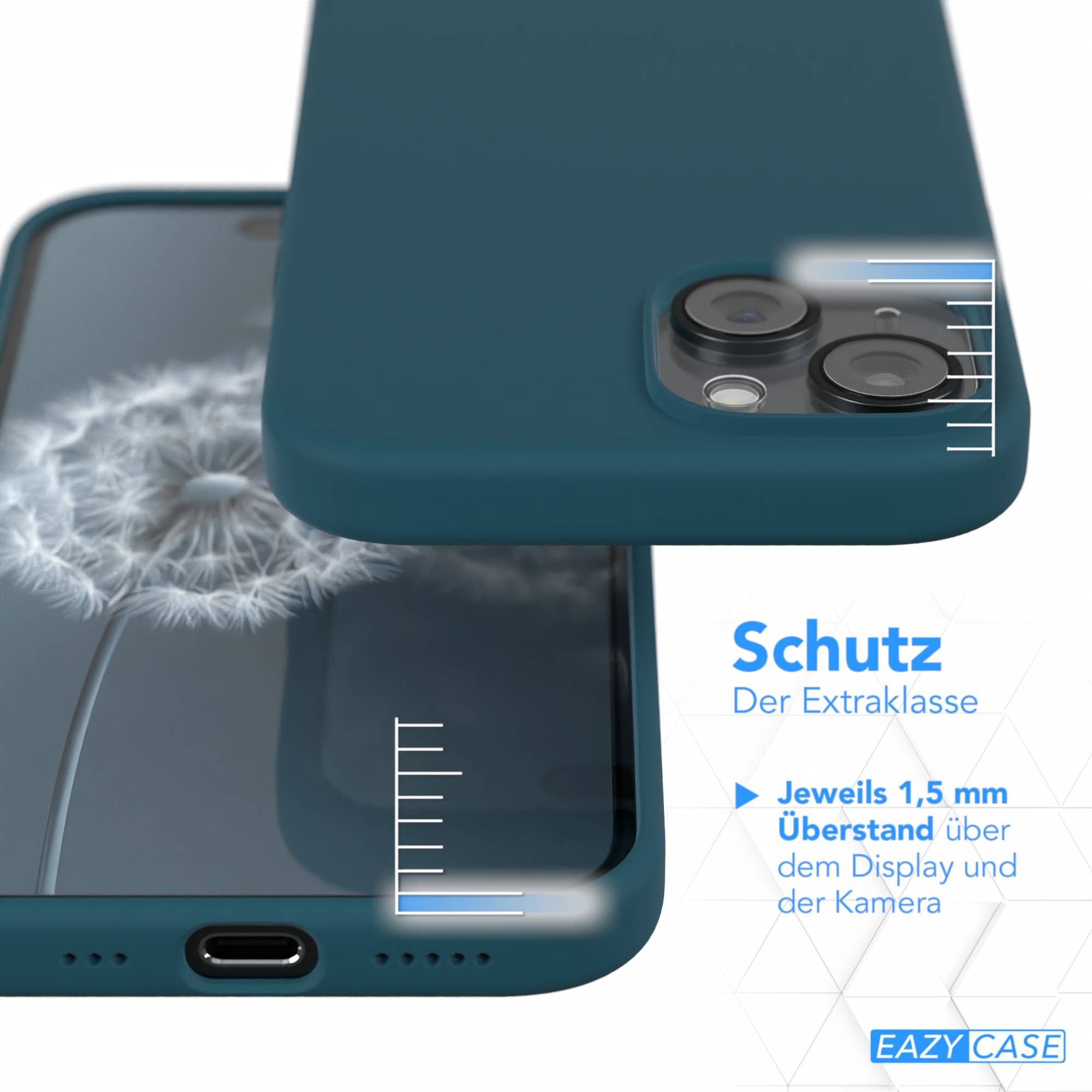 Türkisfarbene Handyhülle auf einem Handy. Text: Schutz Der Extraklasse. Details zum Display- und Kameraschutz sind dargestellt.