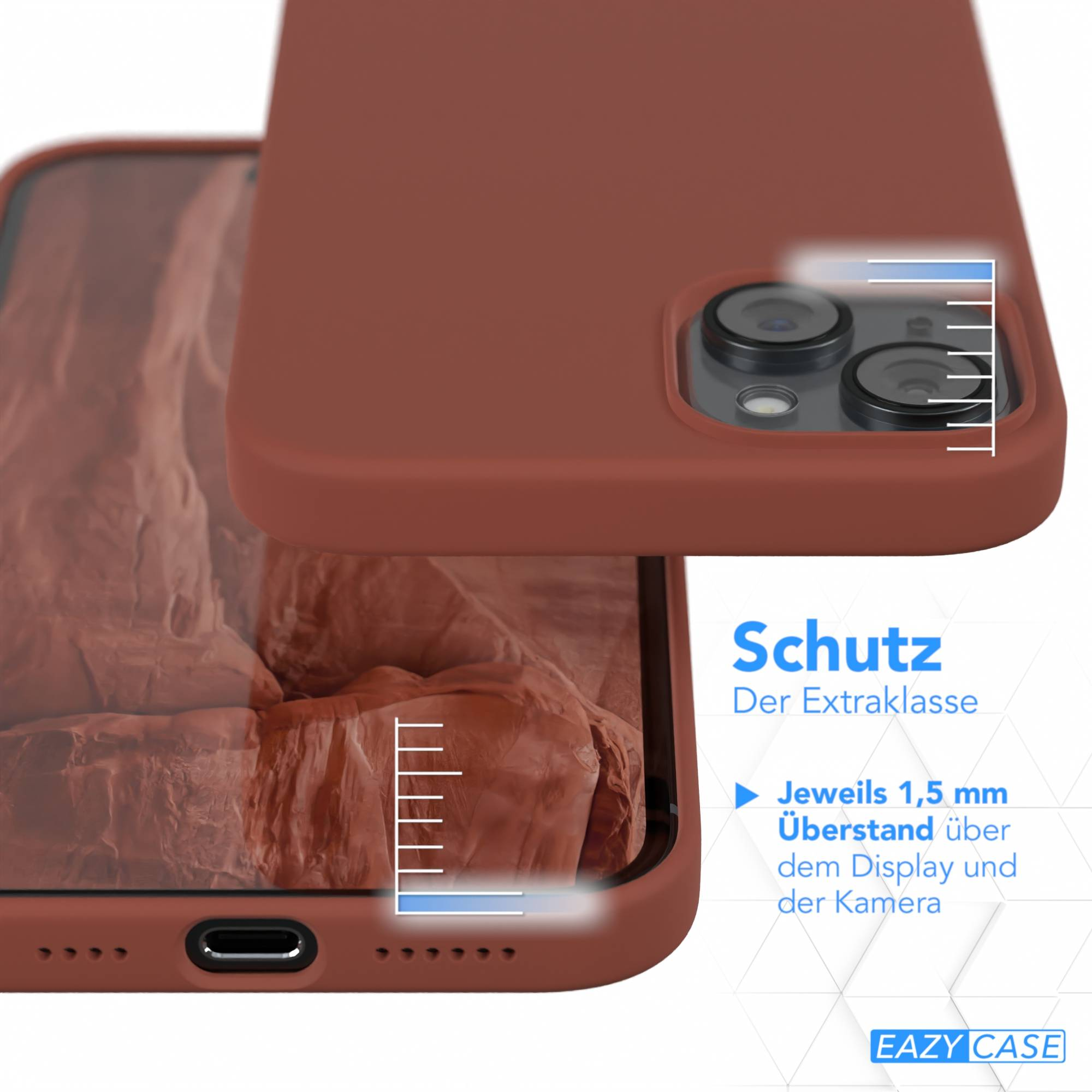 Ein Telefon mit brauner Hülle wird gezeigt. Die Hülle schützt Kamera und Bildschirm. Der Text lautet Schutz und Eazy Case.