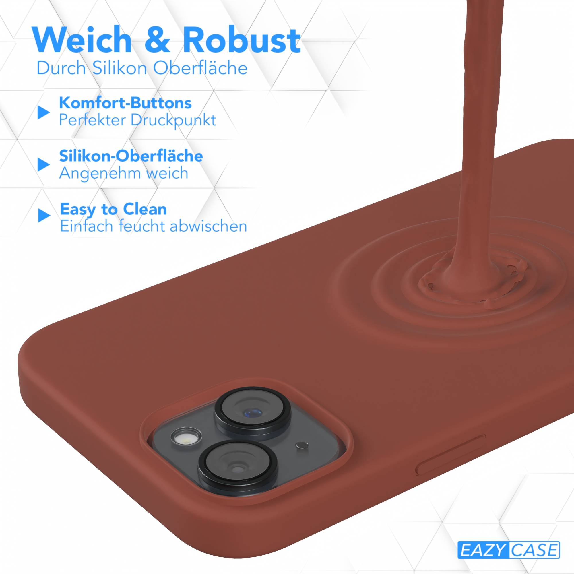 Eine braune Handyhülle mit einer Flüssigkeit, die darauf gegossen wird. Textdetails 'Weich & Robust' und 'EAZY CASE'.