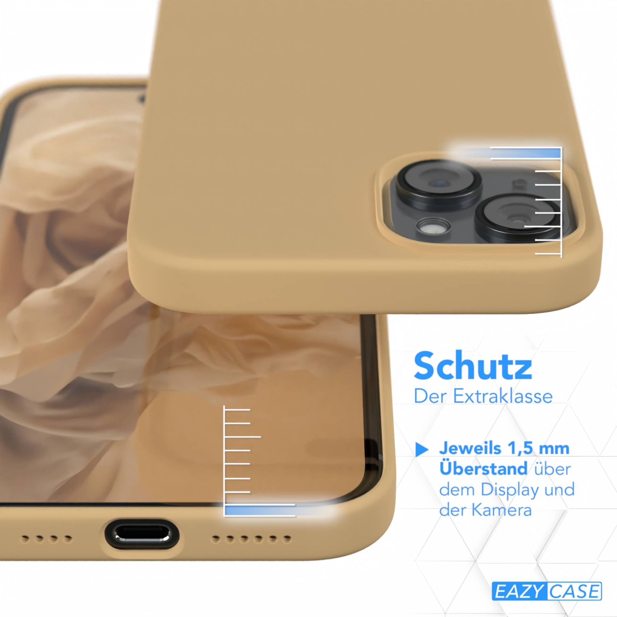 Ein Telefon in einer hellbraunen Hülle, mit Text, der 1,5 mm Überhang für Display und Kameraschutz anzeigt.