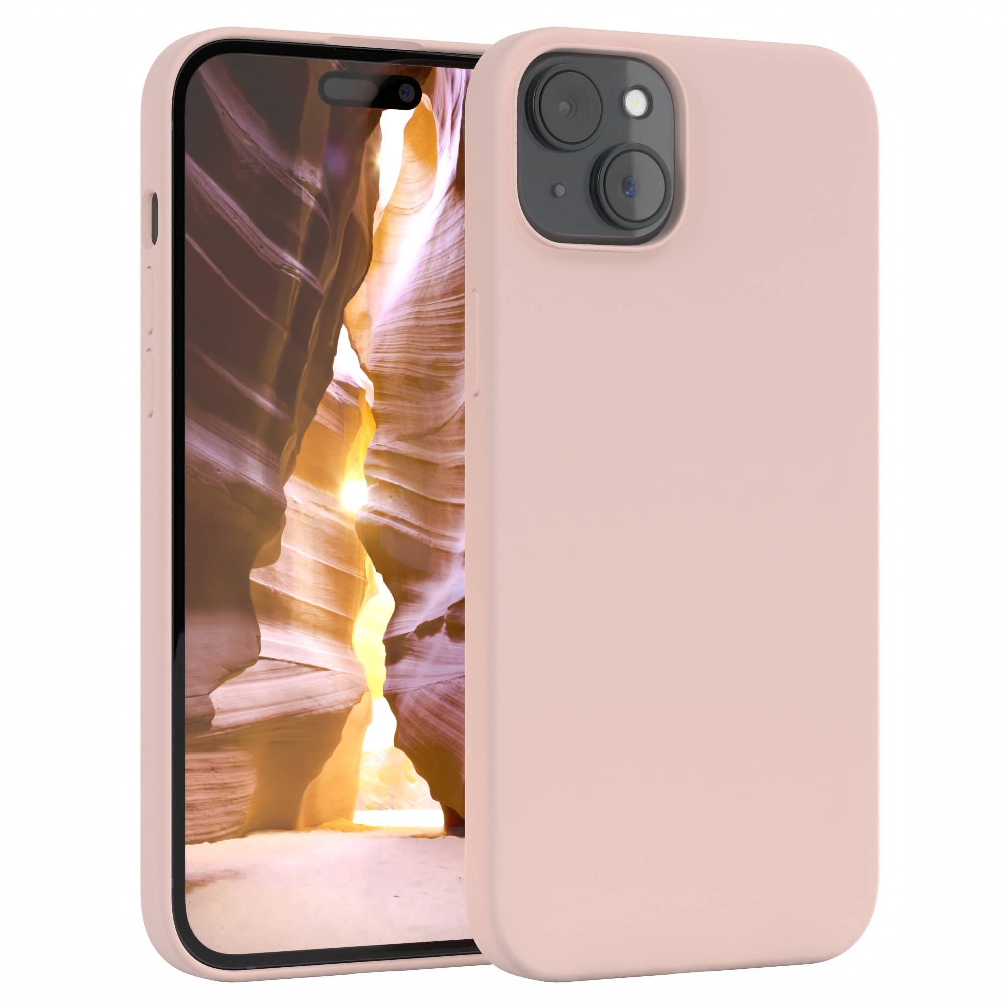 Smartphone mit rosa Hülle. Der Bildschirm zeigt eine Canyon-Landschaft. Telefon hat Kamera und Seitentaste.