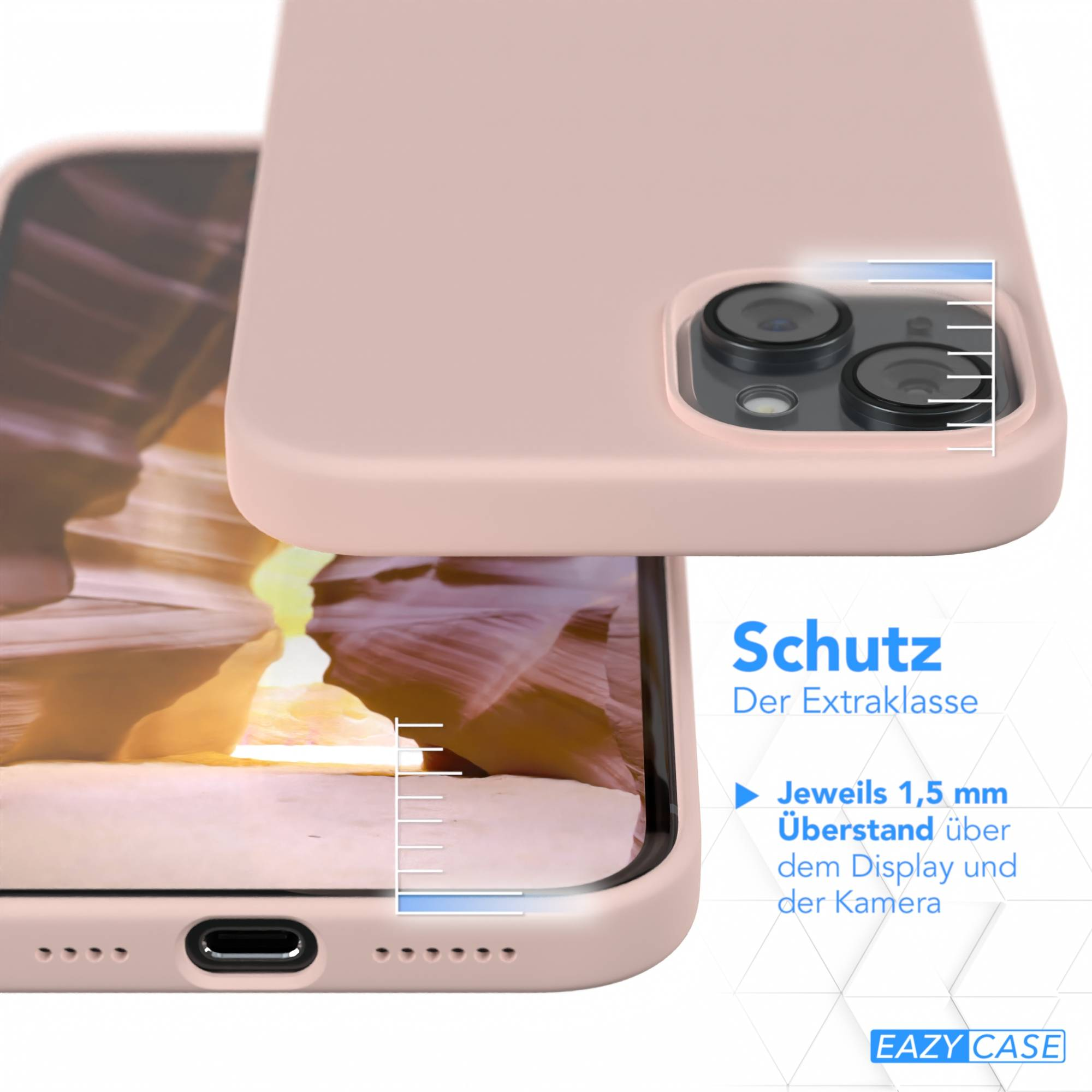 Eine rosa Handyhülle über einem Telefon. Text lautet 'Schutz' und '1,5 mm Überstand'. Ein Logo sagt 'EAZY CASE'.