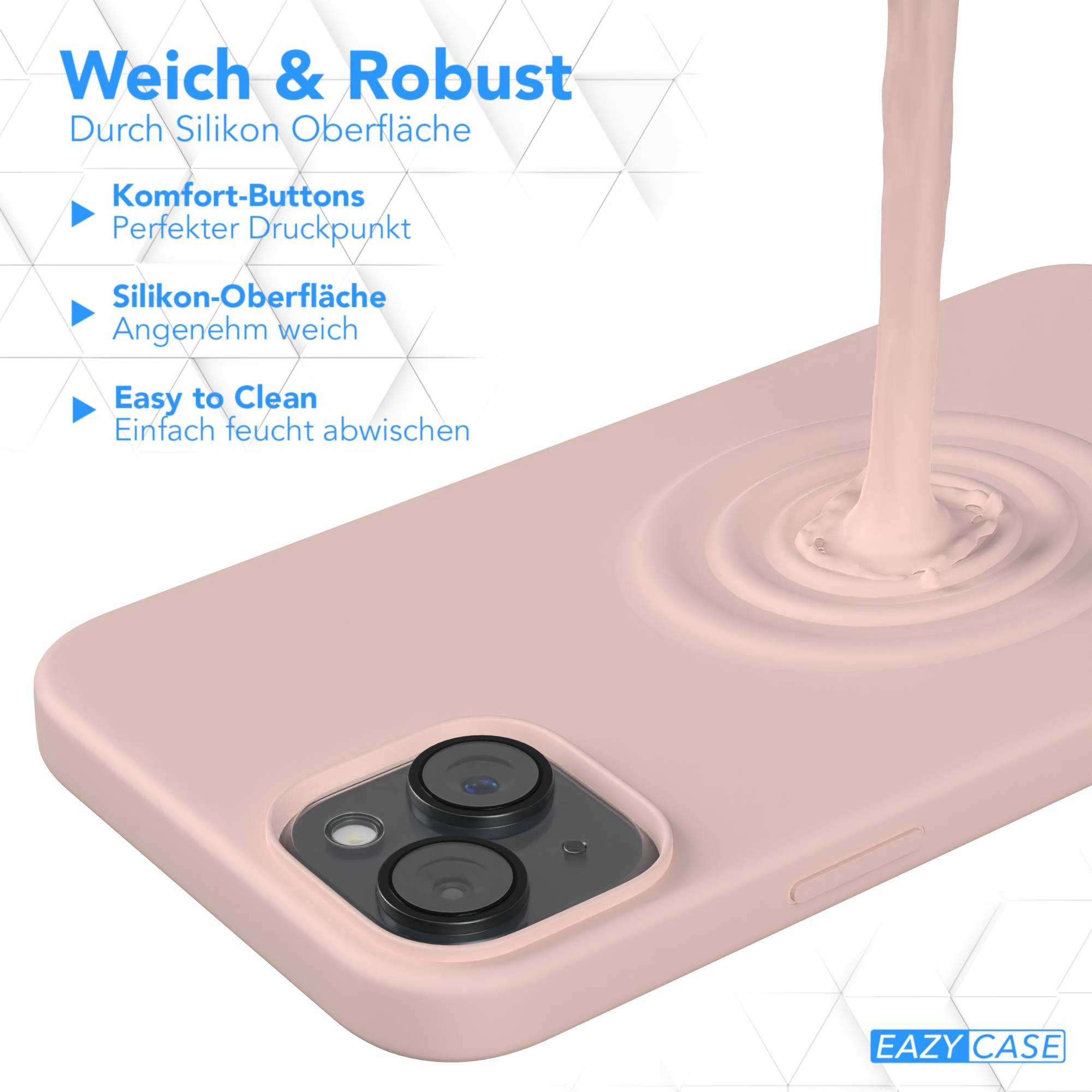 Eine rosa Handyhülle mit einem Telefon darin. Ein Strom rosa Flüssigkeit fließt auf die Hülle. Text auf Deutsch ist links.