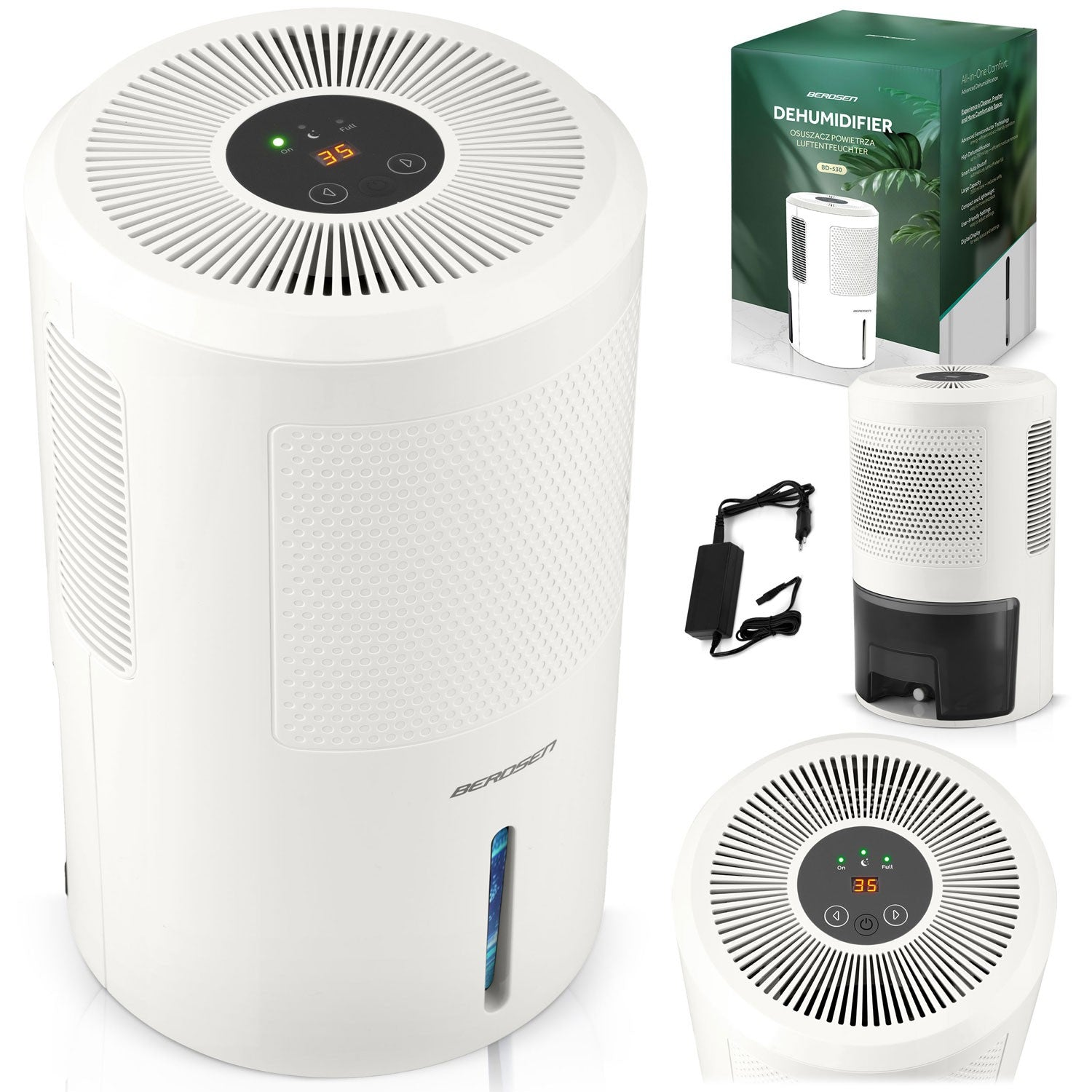 Un deshumidificador Berosen blanco con pantalla digital, un adaptador de corriente y una caja de producto.