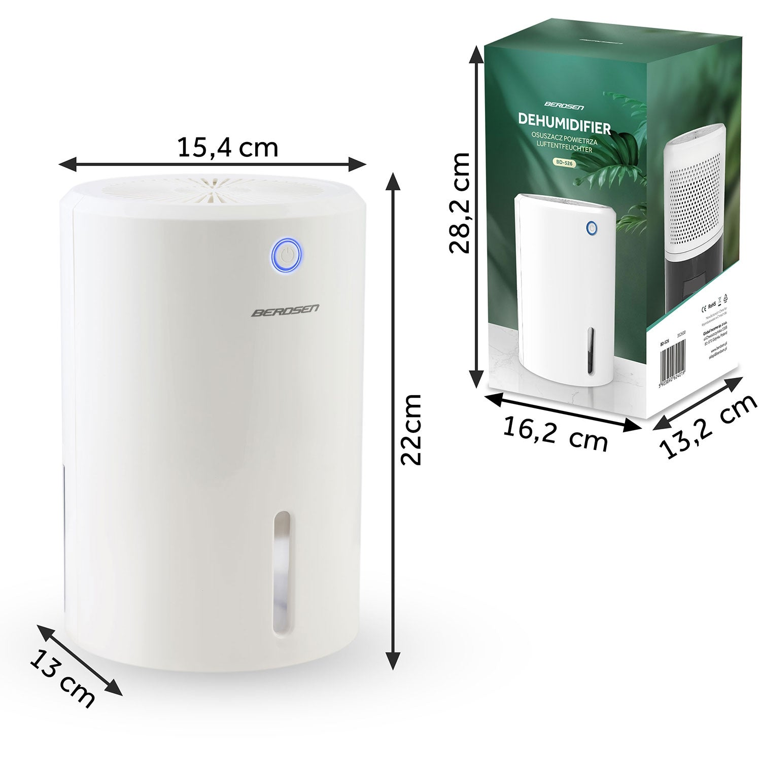 Se muestra un deshumidificador blanco con un botón azul y su caja. Las dimensiones son: 15,4 cm de ancho, 22 cm de alto. La caja es verde.