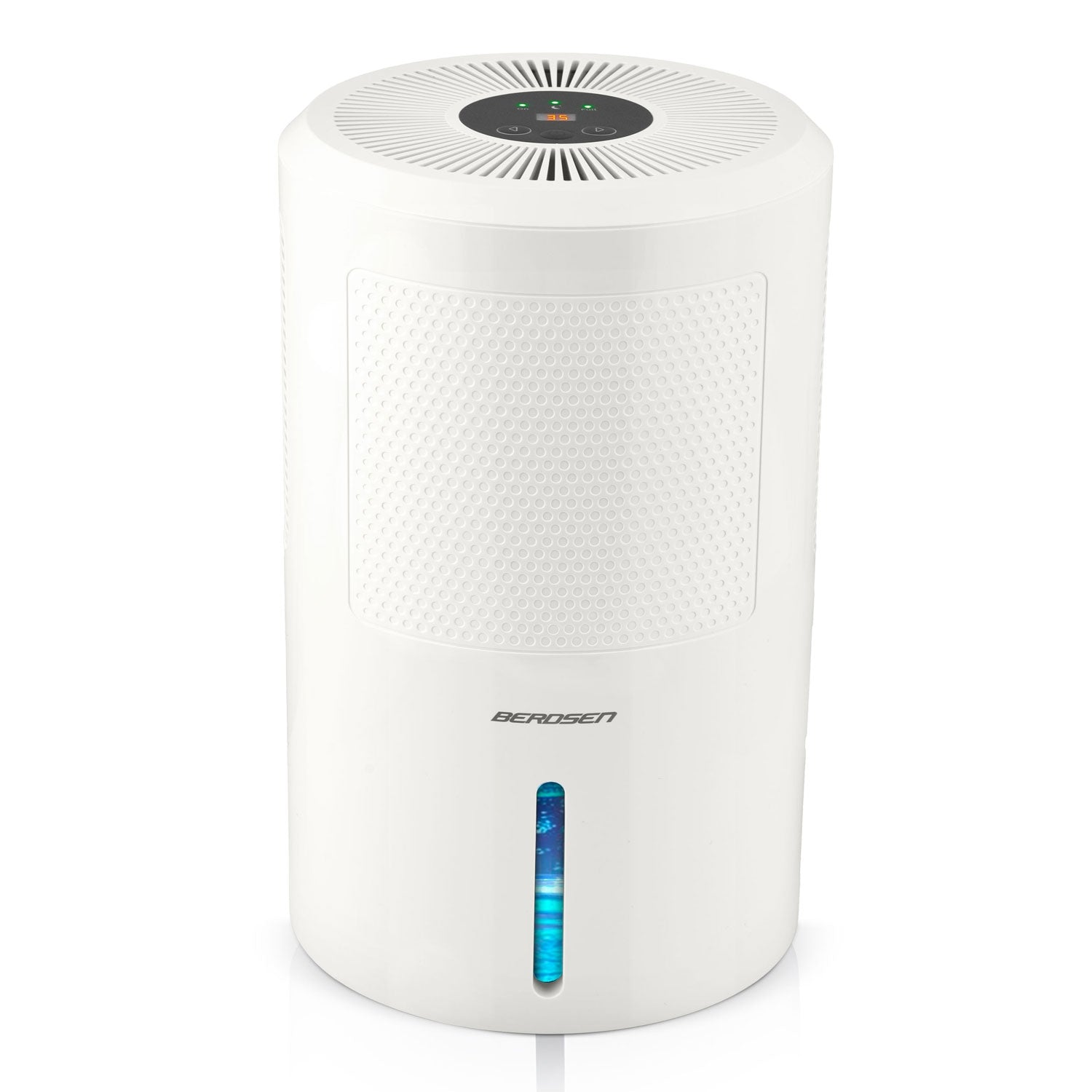Un purificador de aire blanco Berosen. Tiene una parte superior circular con controles, un panel frontal perforado y un indicador de nivel de agua.