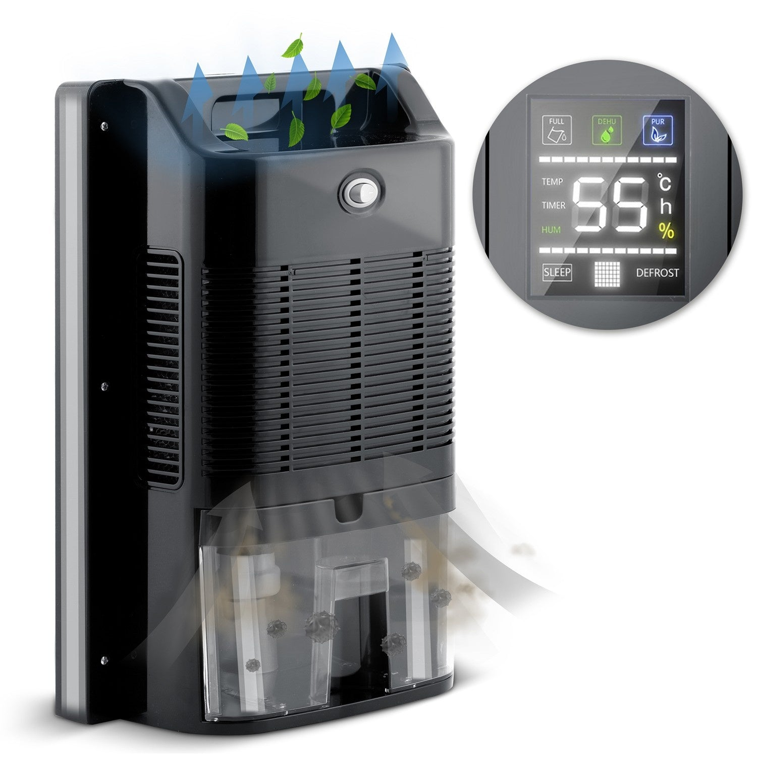 Purificador de aire negro con pantalla digital que muestra 55%. Hojas verdes y líneas azules indican purificación de aire. Tanque de agua transparente.