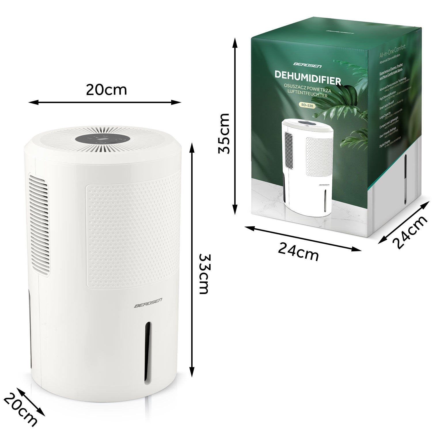 Un deshumidificador blanco y su caja. Se proporcionan las dimensiones. La caja tiene una imagen del deshumidificador.