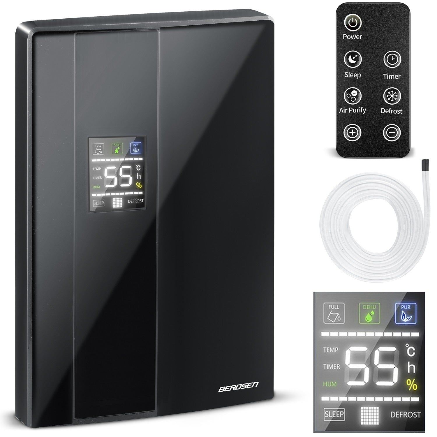 Purificador de aire negro con pantalla que muestra 55. Mando a distancia y tubo blanco a la derecha. La marca es BEROSEN.
